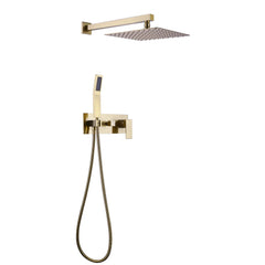 Luxury Brushed Gold Rain Shower System With Pressure Balance Valve, 10" Rain Shower Head And Handheld Shower Head