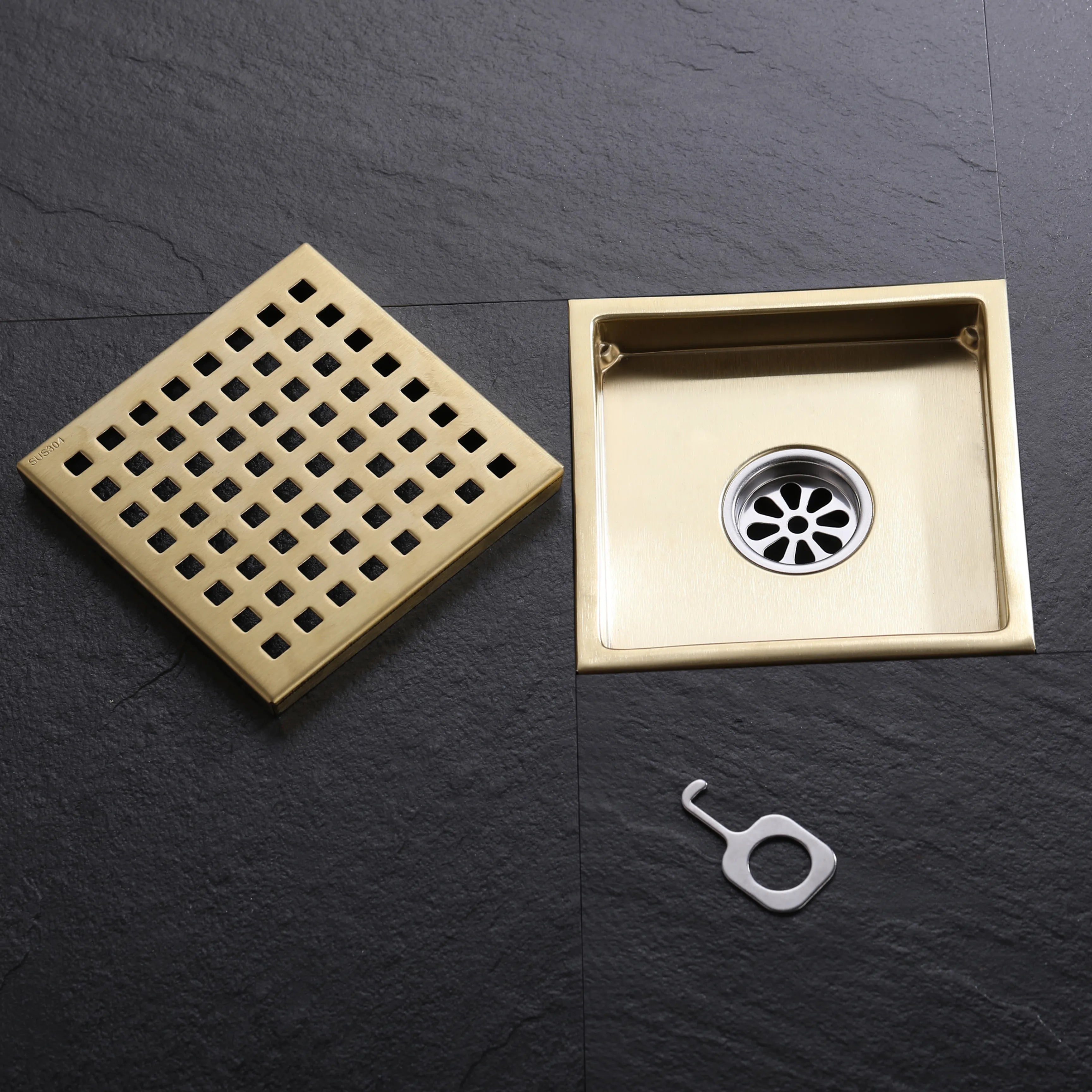 Square Shower Floor Drain With Flange In Brushed Gold Matte Black