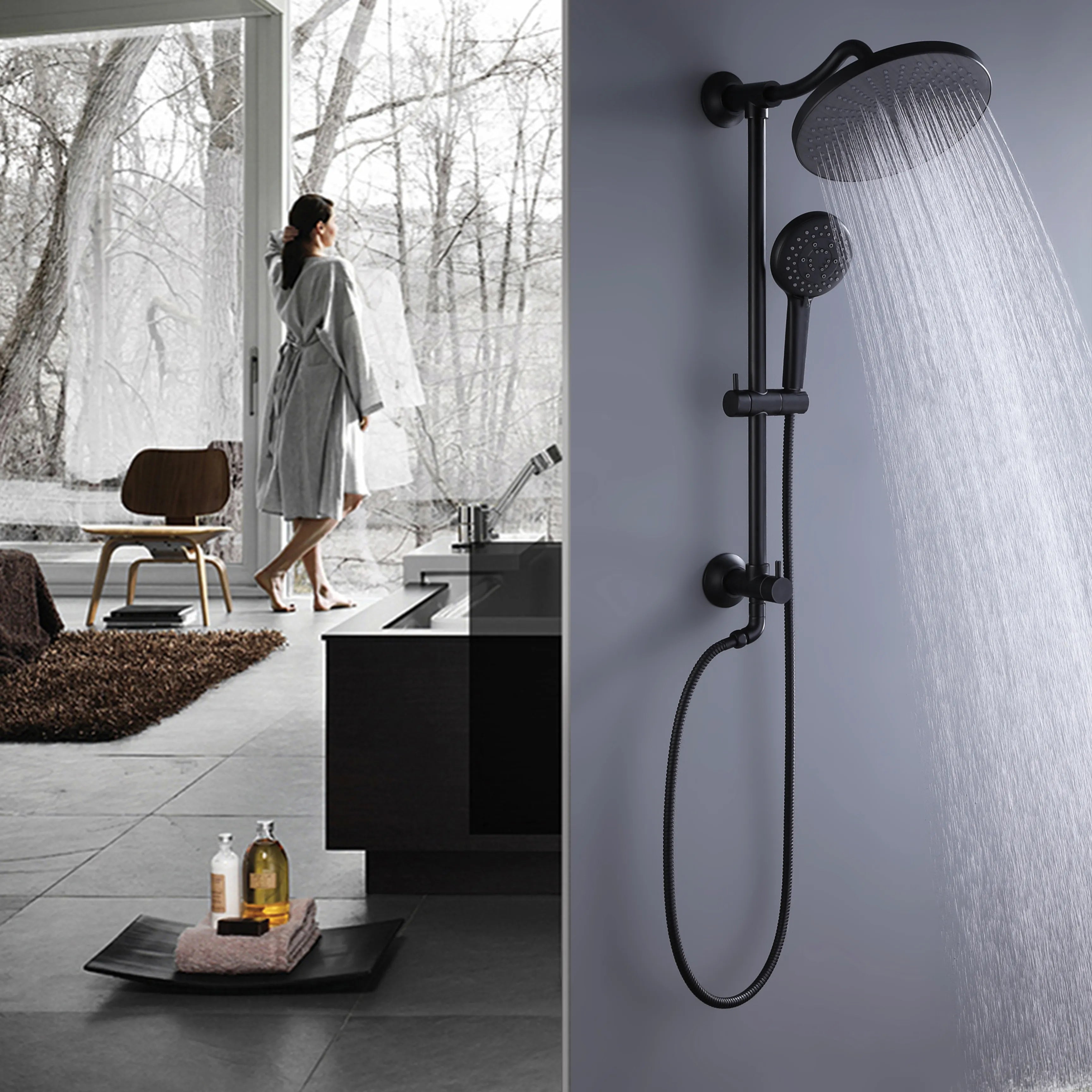 10" Rainfall Shower Head  5-Function Handheld Shower With Slide Bar in Matte Black  (Main Body Not Included)