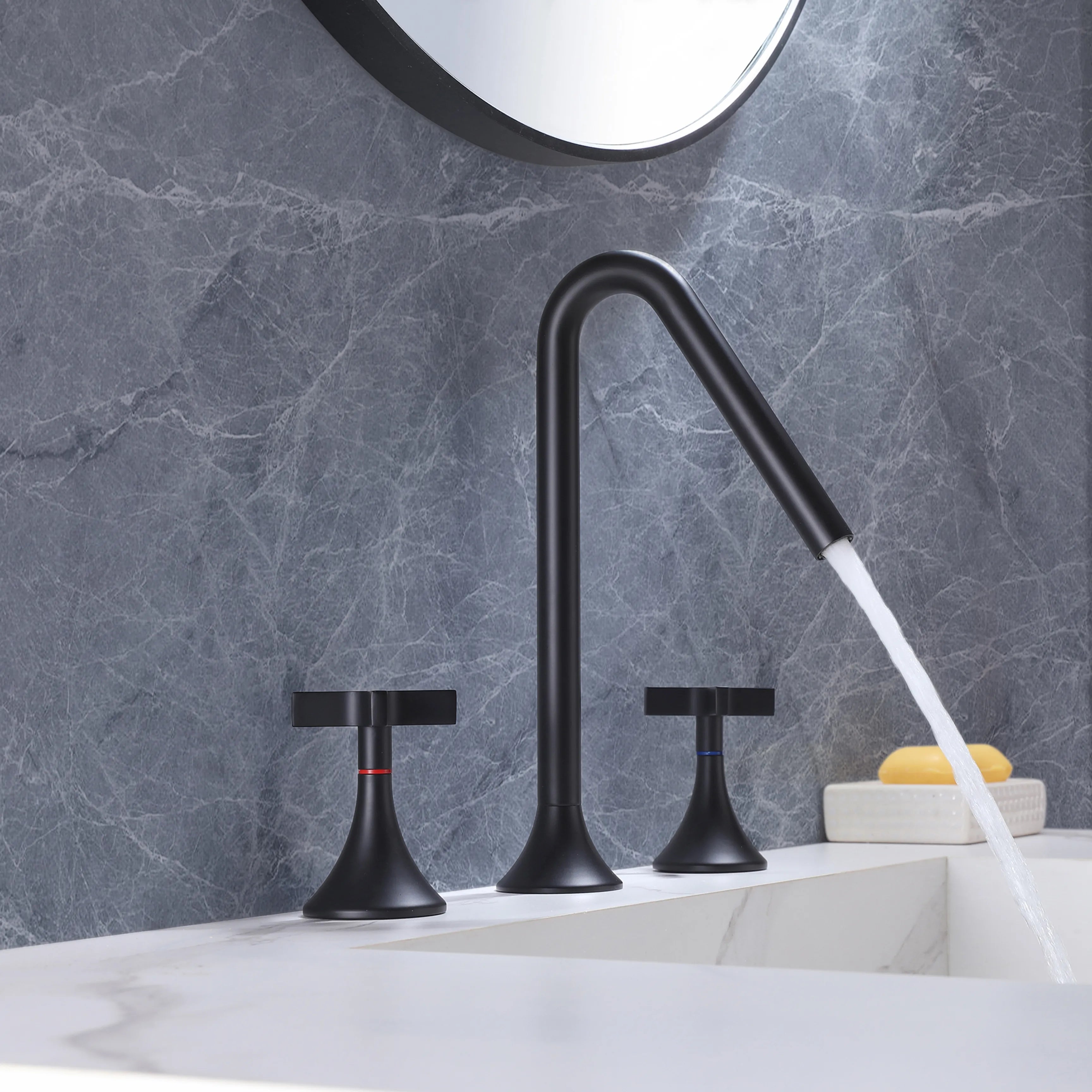 Two Handles 3-Holes Bathroom Sink Faucet In Brushed Gold Matte Black