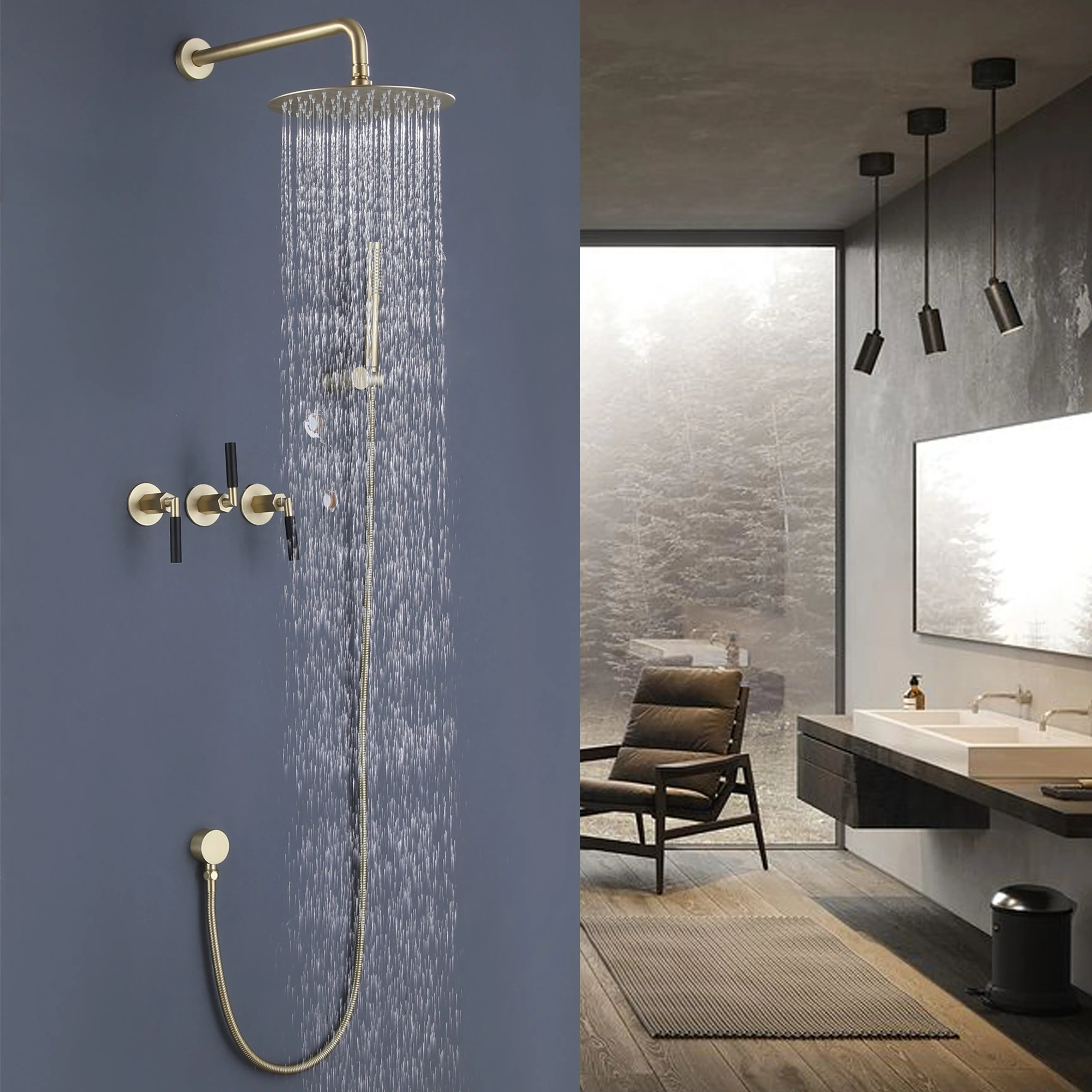 Three Handle 2-Function Matte Black Brushedn Gold Bathroom Shower Set With Ceramic Valve