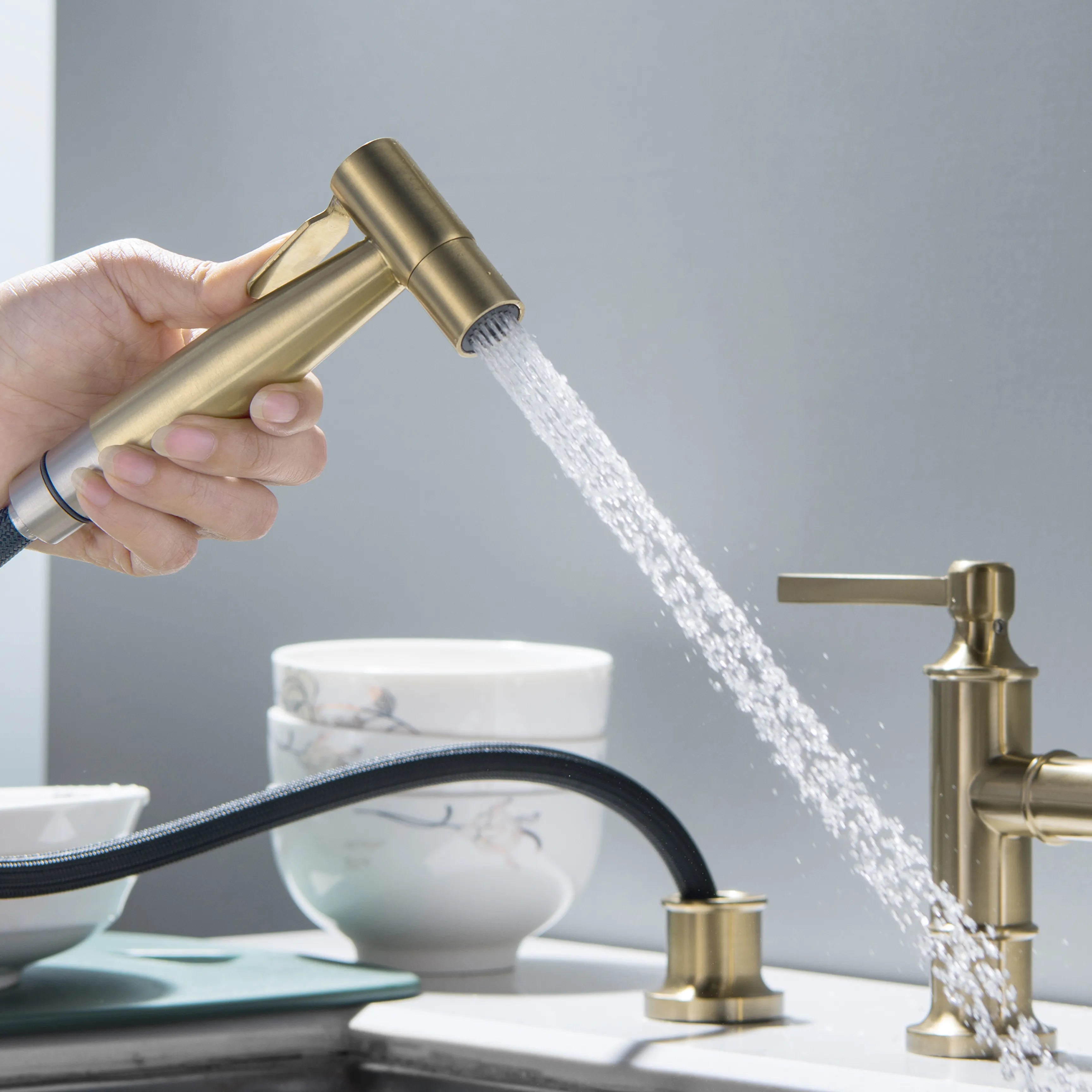 2-Handle Bridge Kitchen Faucet With Side Sprayer In Brushed Gold