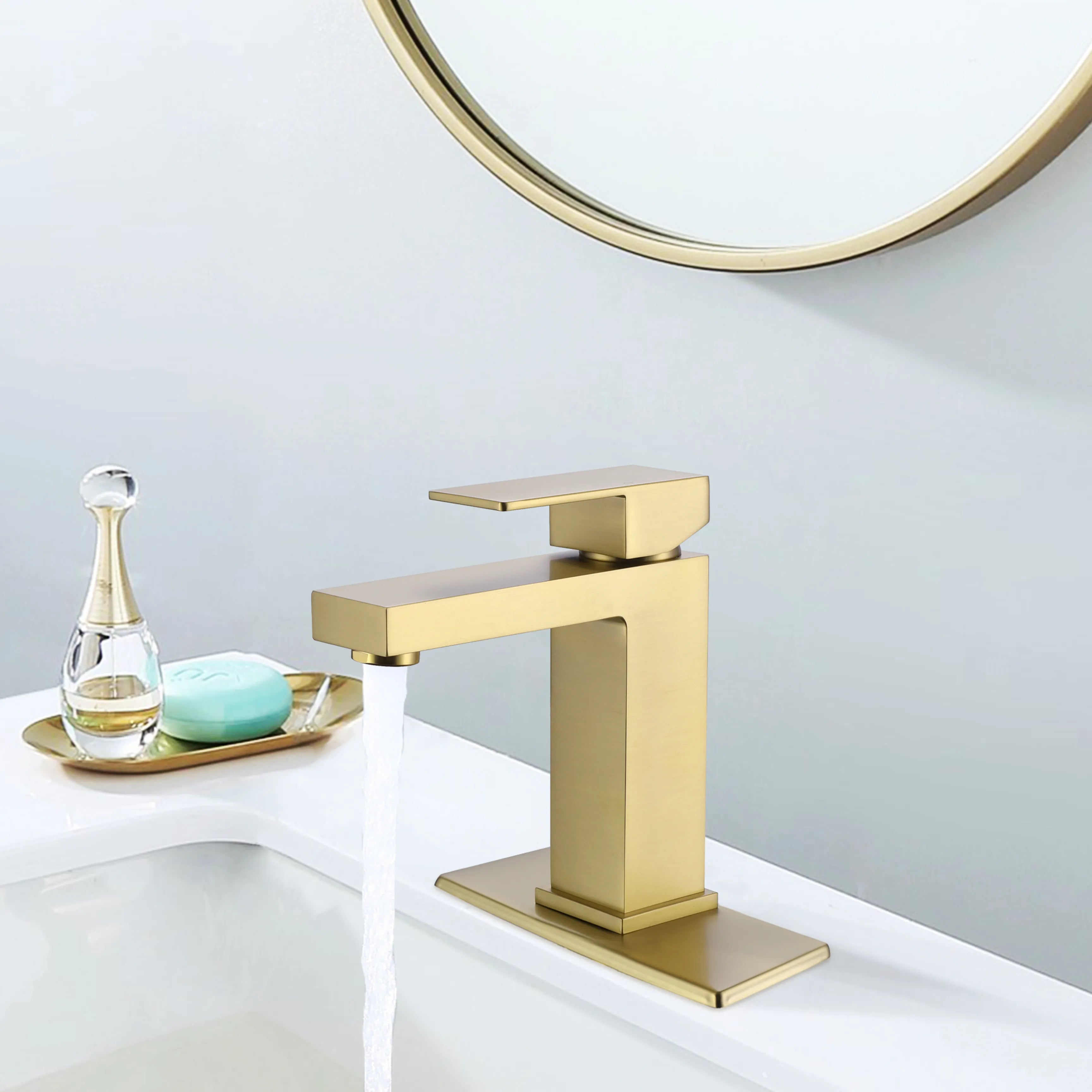 Raised Square 1-Hole Single Handle Bathroom Sink Faucet (With Deck Plate) In Brushed Gold