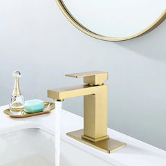 Square Single Hole 1-Handle Bathroom Sink Faucet (With Cover Plate) In Brushed Gold