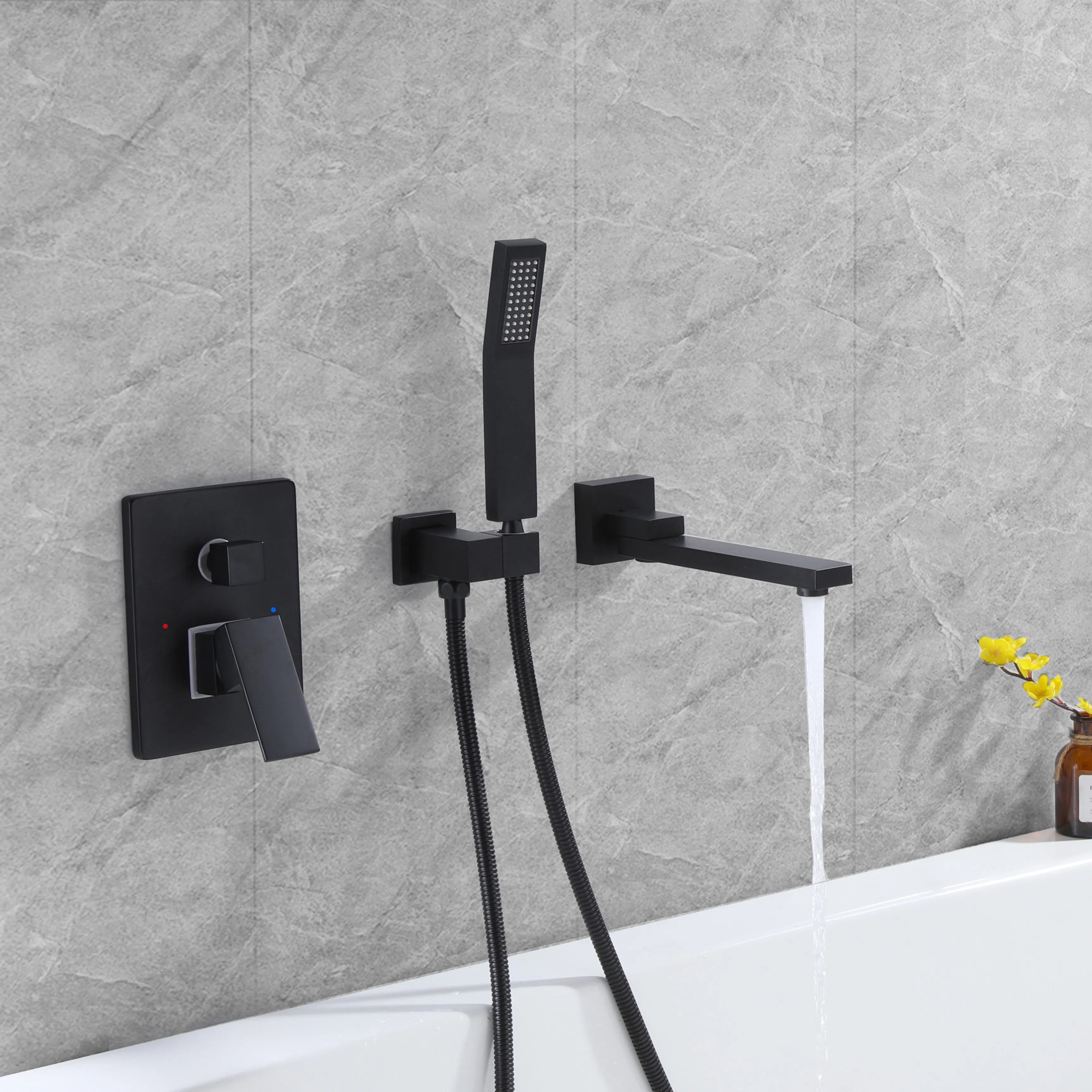 Matte Black Brushed Gold Wall Mounted Bathtub Faucet Tub Filler with Hand Shower And Tub Spout