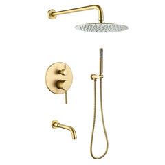 Rain Shower System With Handheld Shower And Swivel Tub Spout In Brushed Gold/Matte Black