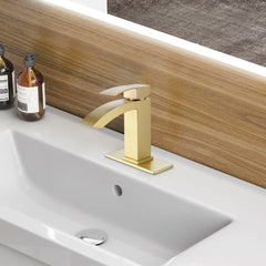 Brushed Gold Waterfall Single Handle Bathroom Sink Faucet With Deck Plate