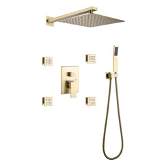 Brushed Gold Shower System With 4 Body Jets, Pressure Balance Shower Valve, 10" Rain Shower Head and Handheld Shower Head