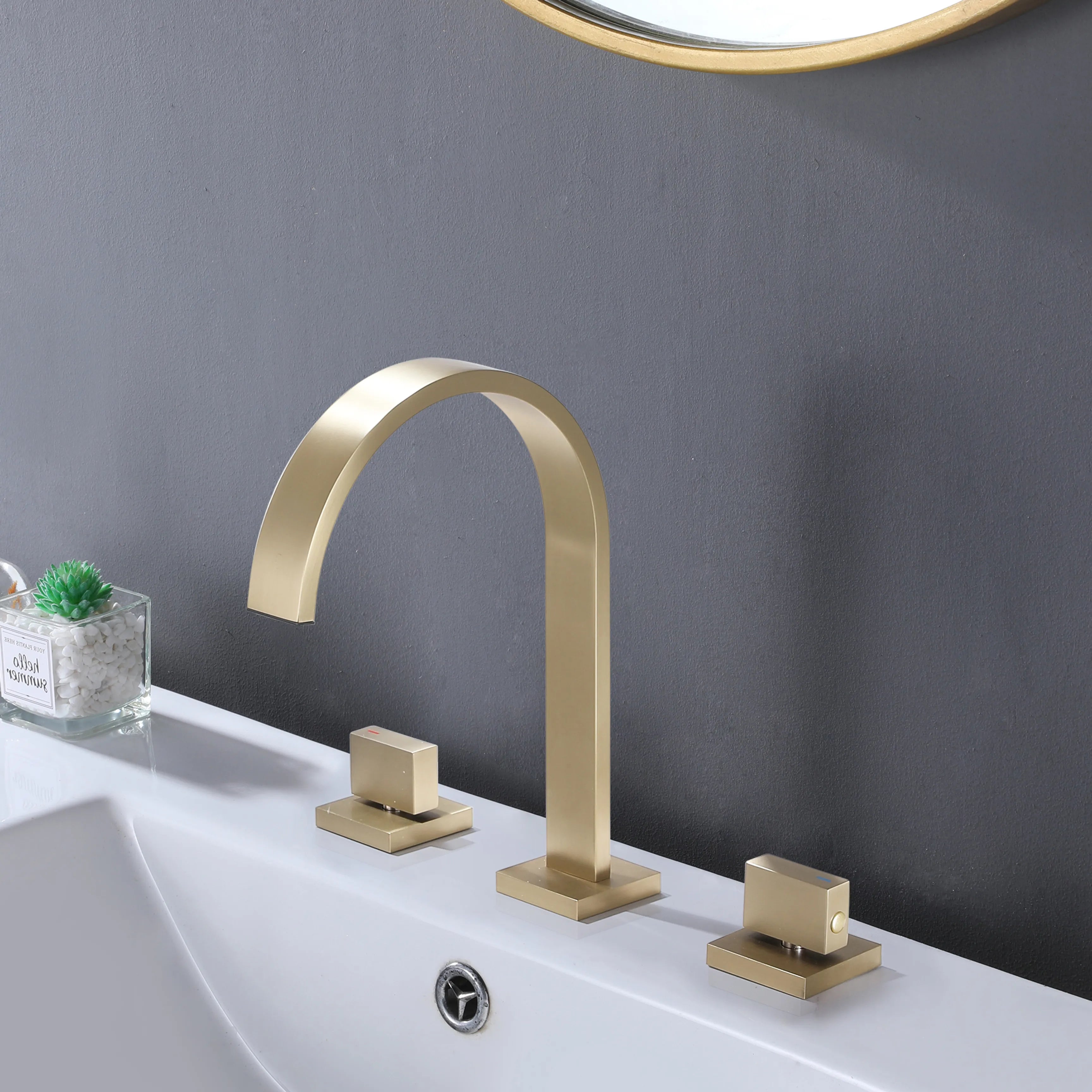 Two Handles 3-Holes Bathroom Sink Faucet In Brushed Gold