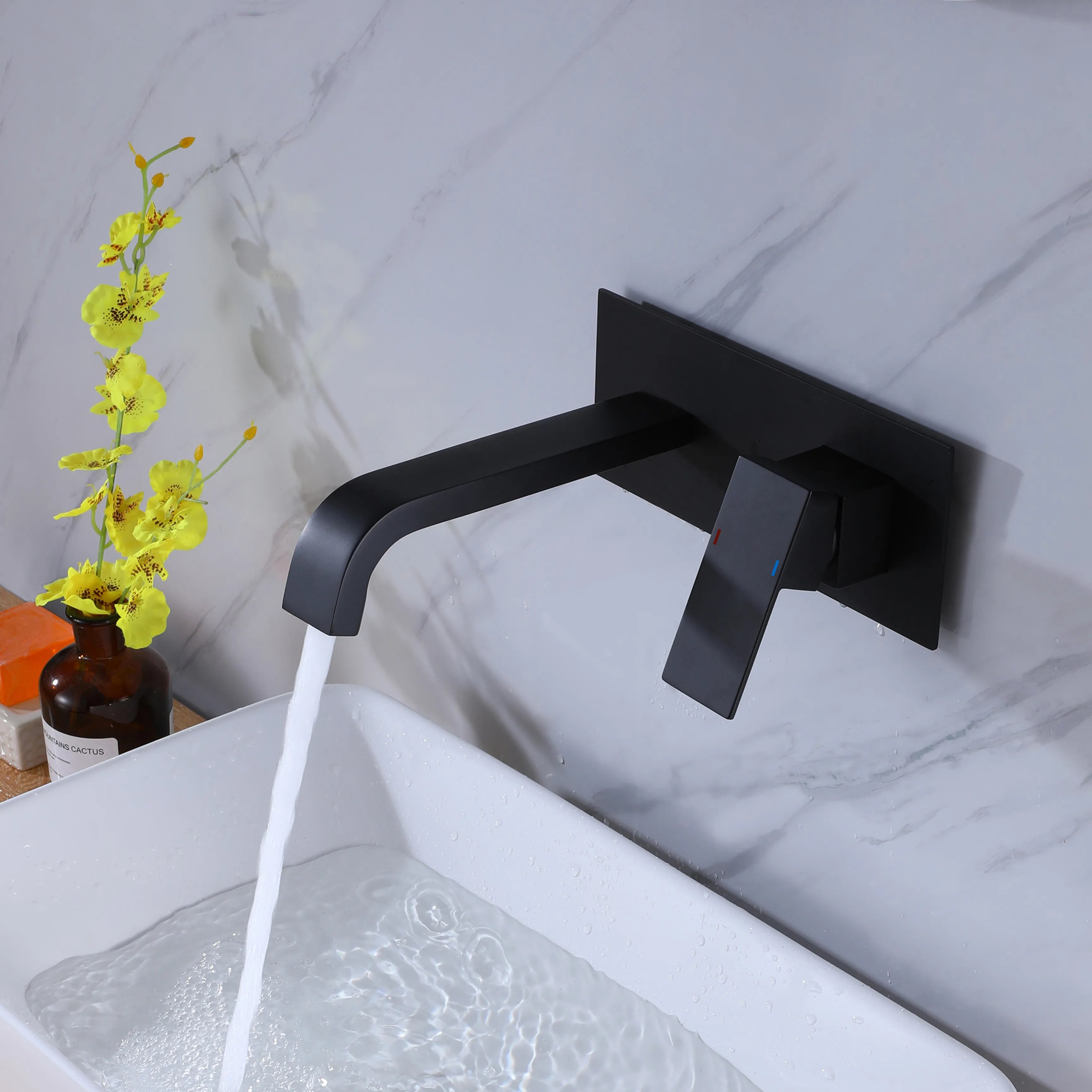 Single Handle Wall Mount Bathroom Faucet In Matte Black (With Deck Plate)