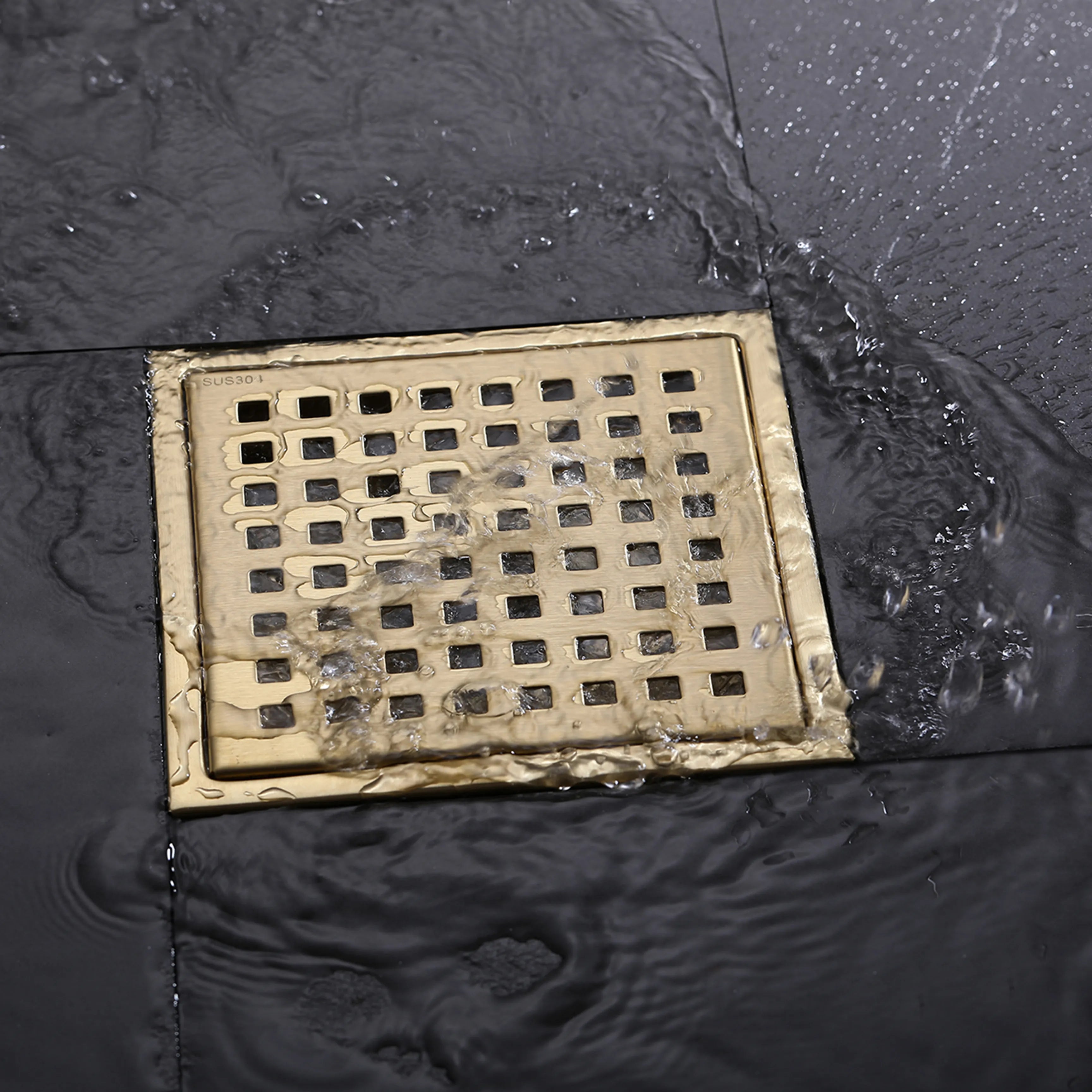 Square Shower Floor Drain With Flange In Brushed Gold Matte Black