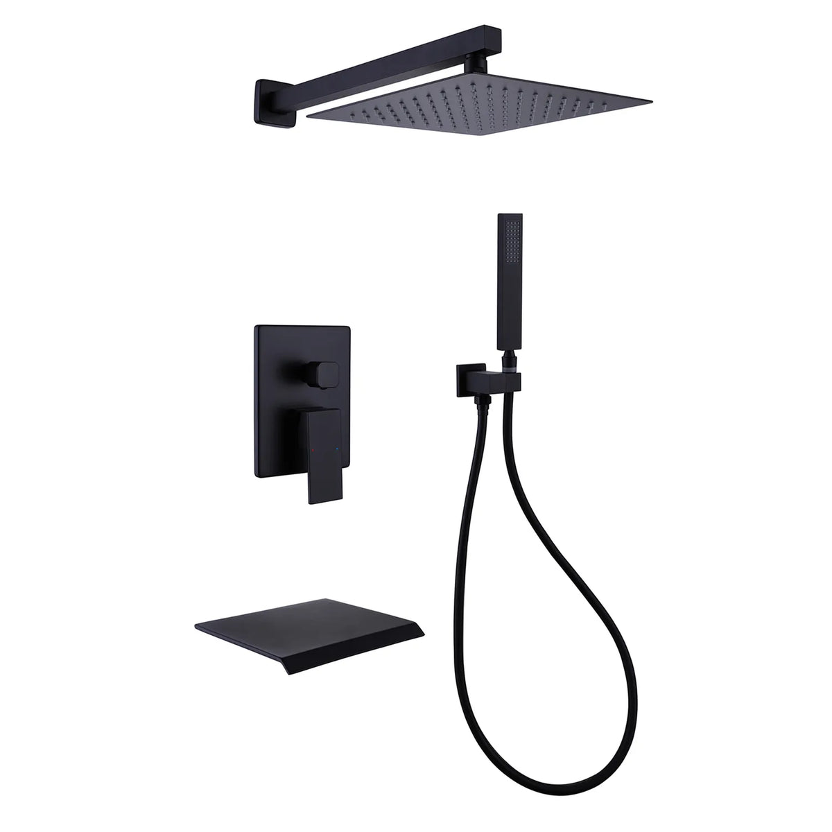 Matte Black Shower System With Handheld Shower Head And Waterfall Tub Spout