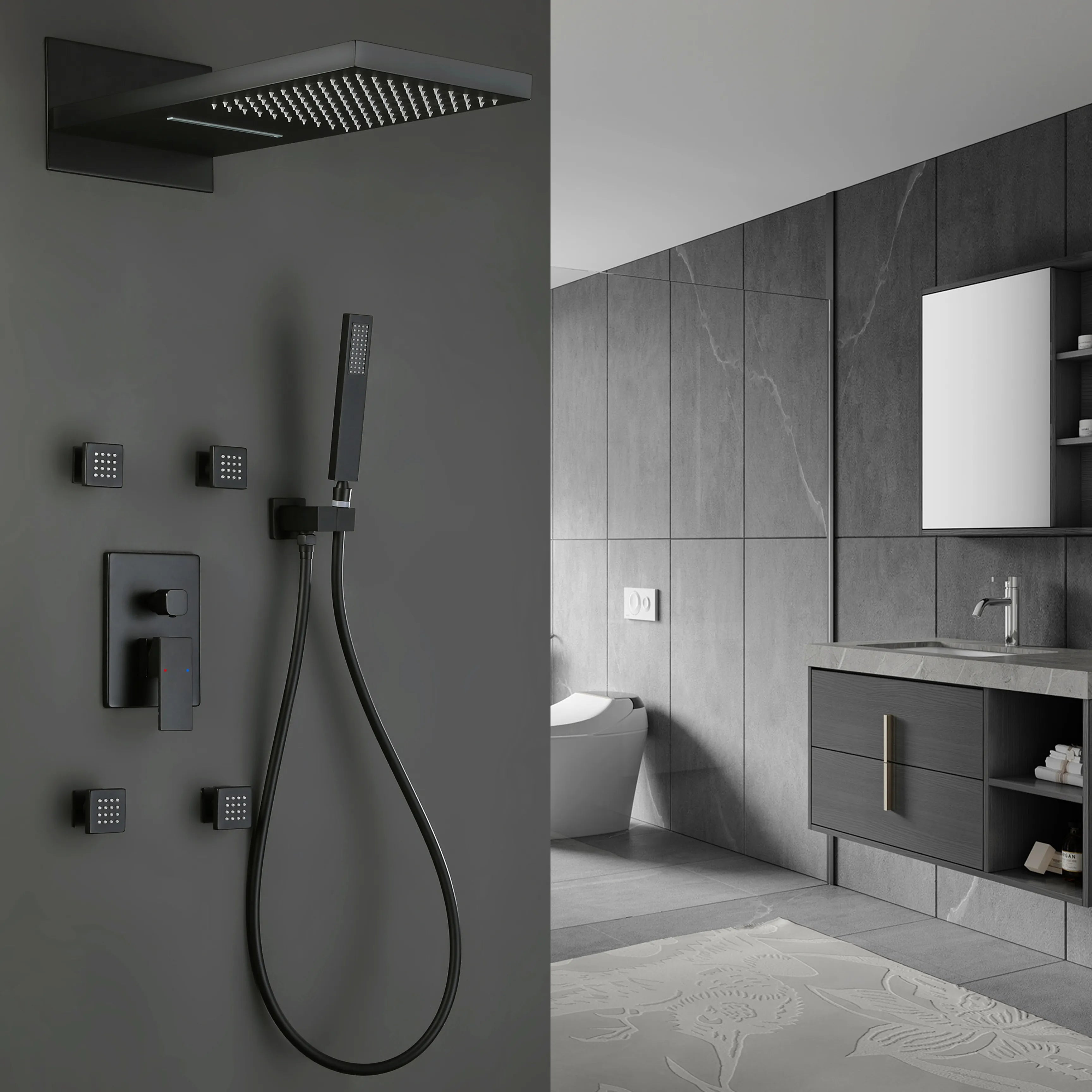 Matte Black 3 Function Wall Mount Bathroom Shower System With Body Jets