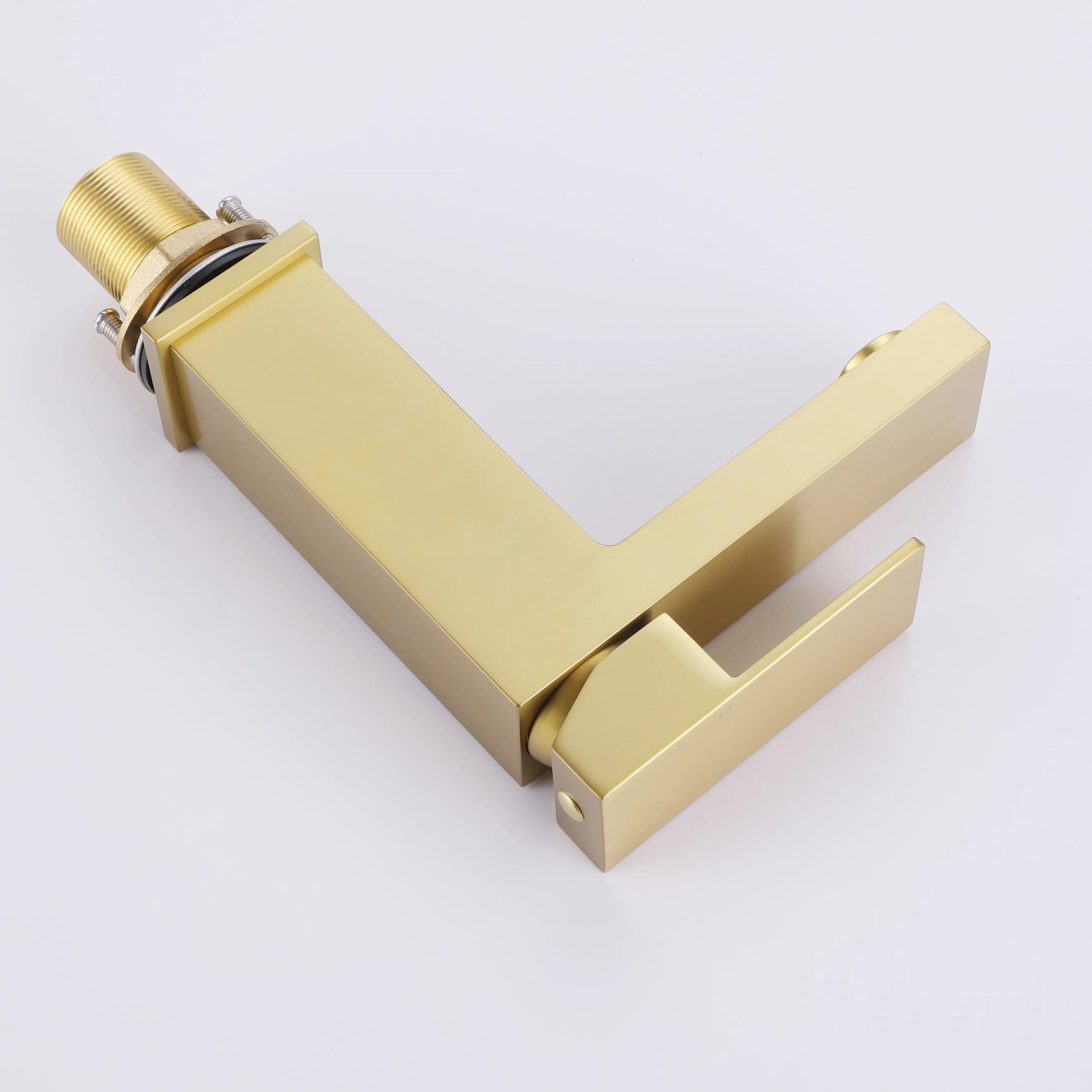 Raised Square 1-Hole Single Handle Bathroom Sink Faucet (With Deck Plate) In Brushed Gold