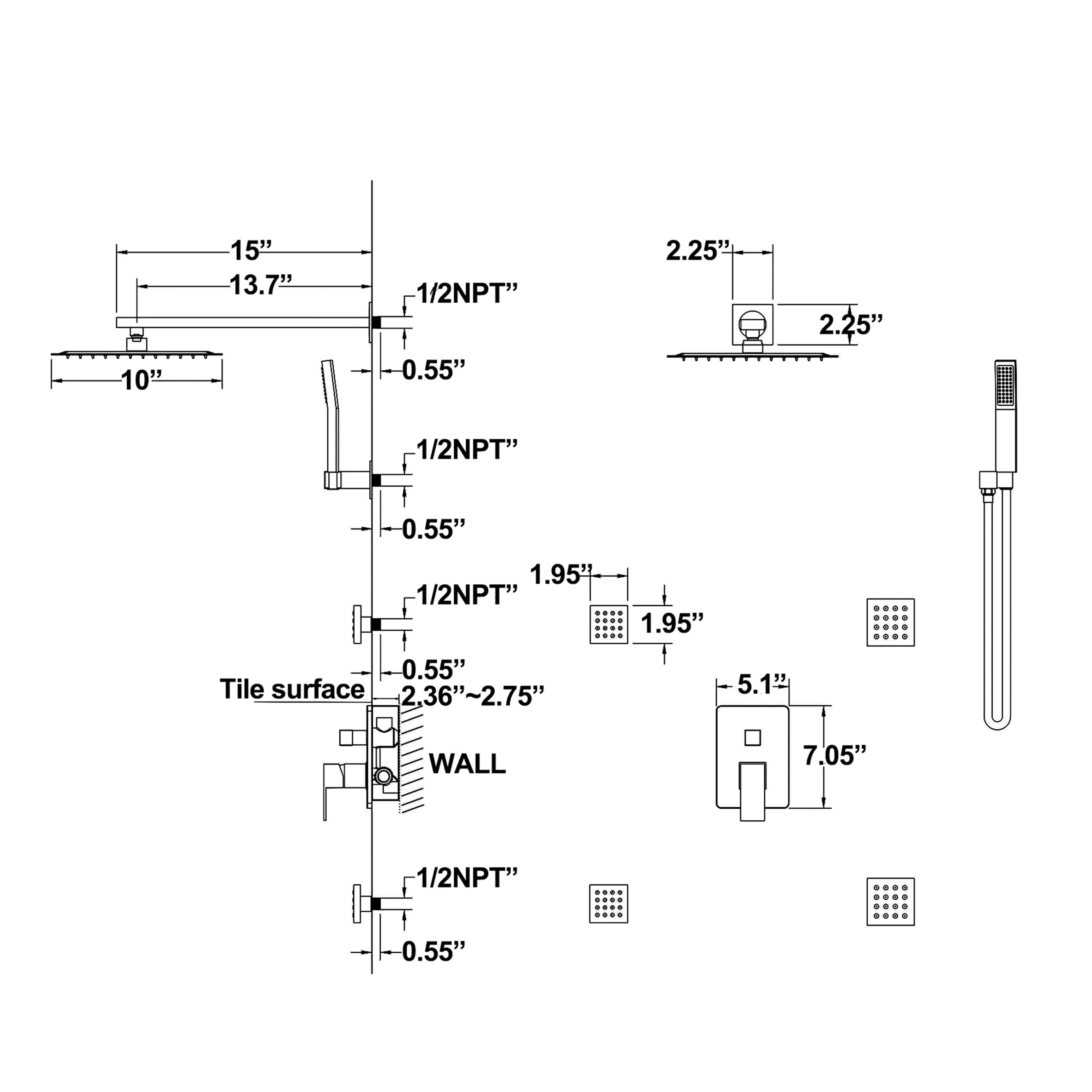 Brushed Gold Shower System With 4 Body Jets, Pressure Balance Shower Valve, 10" Rain Shower Head and Handheld Shower Head