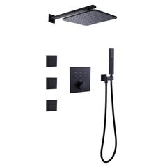 Matte Black 3-Function Shower System with Mixer Thermostatic Valve, Rain Shower Head, Hand Shower And 3 Body Jets