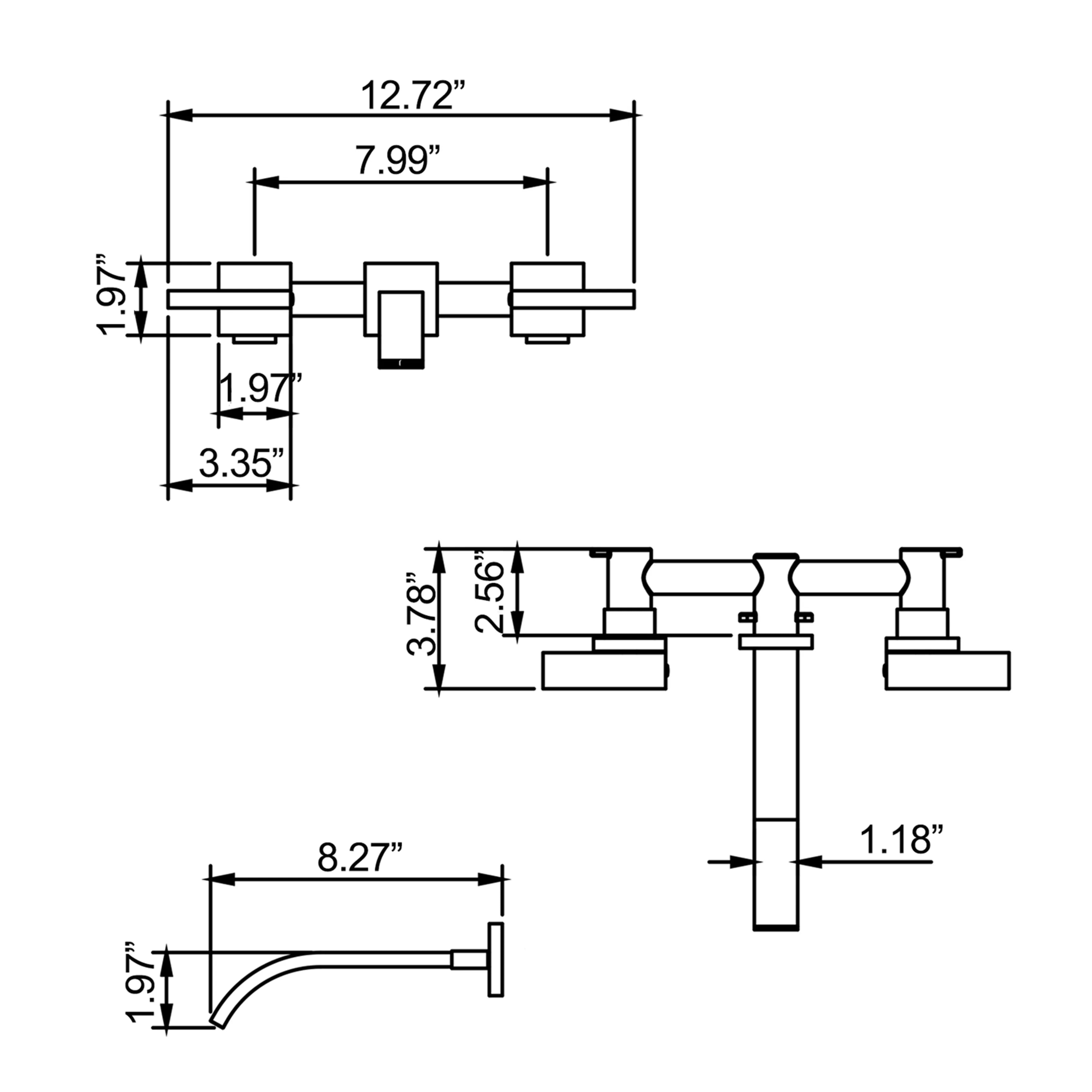 Two Handle 3-Hole Wall Mounted Bathroom Sink Faucet In Matte Black