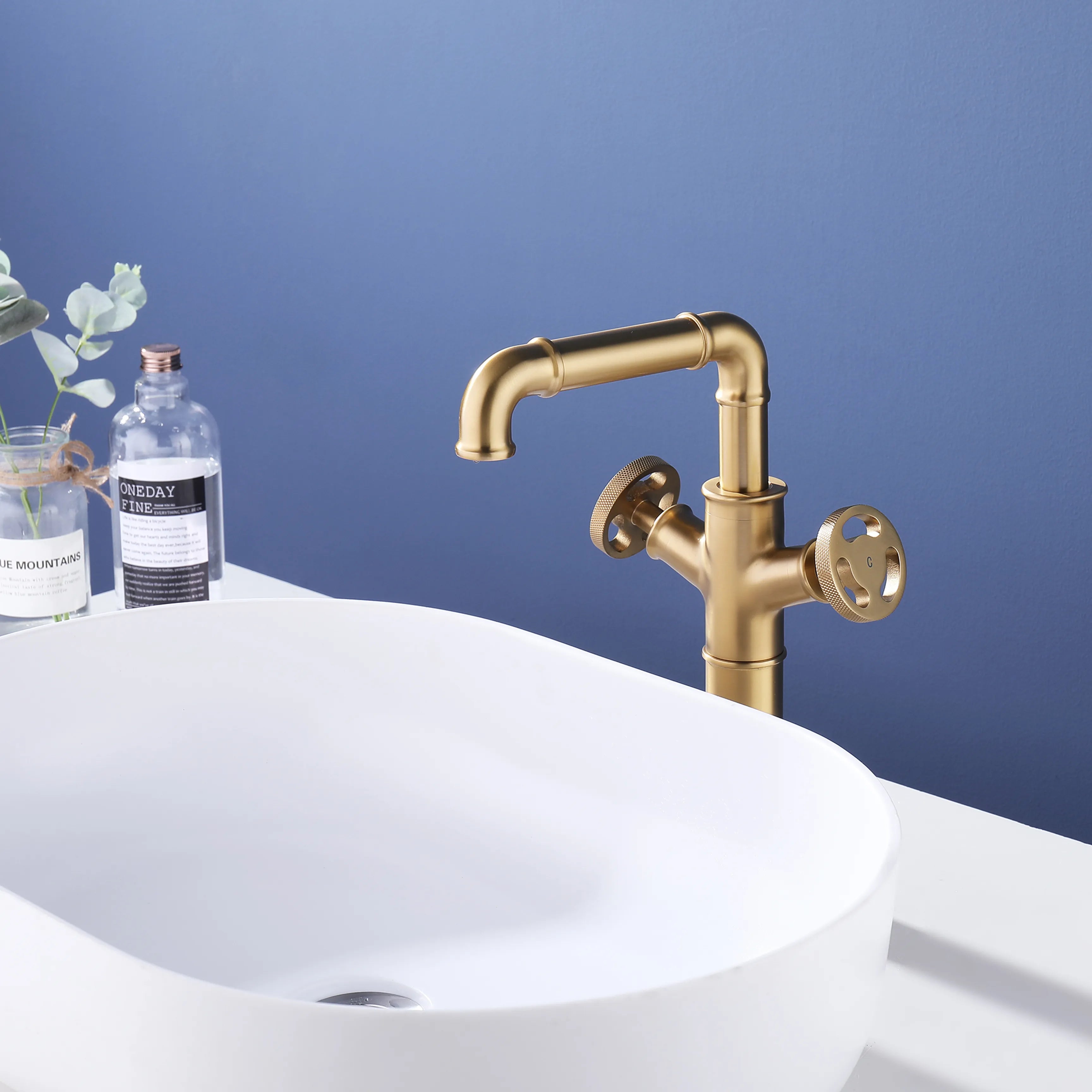 Deck Mount 2-Handle Bathroom Faucet In Brushed Gold