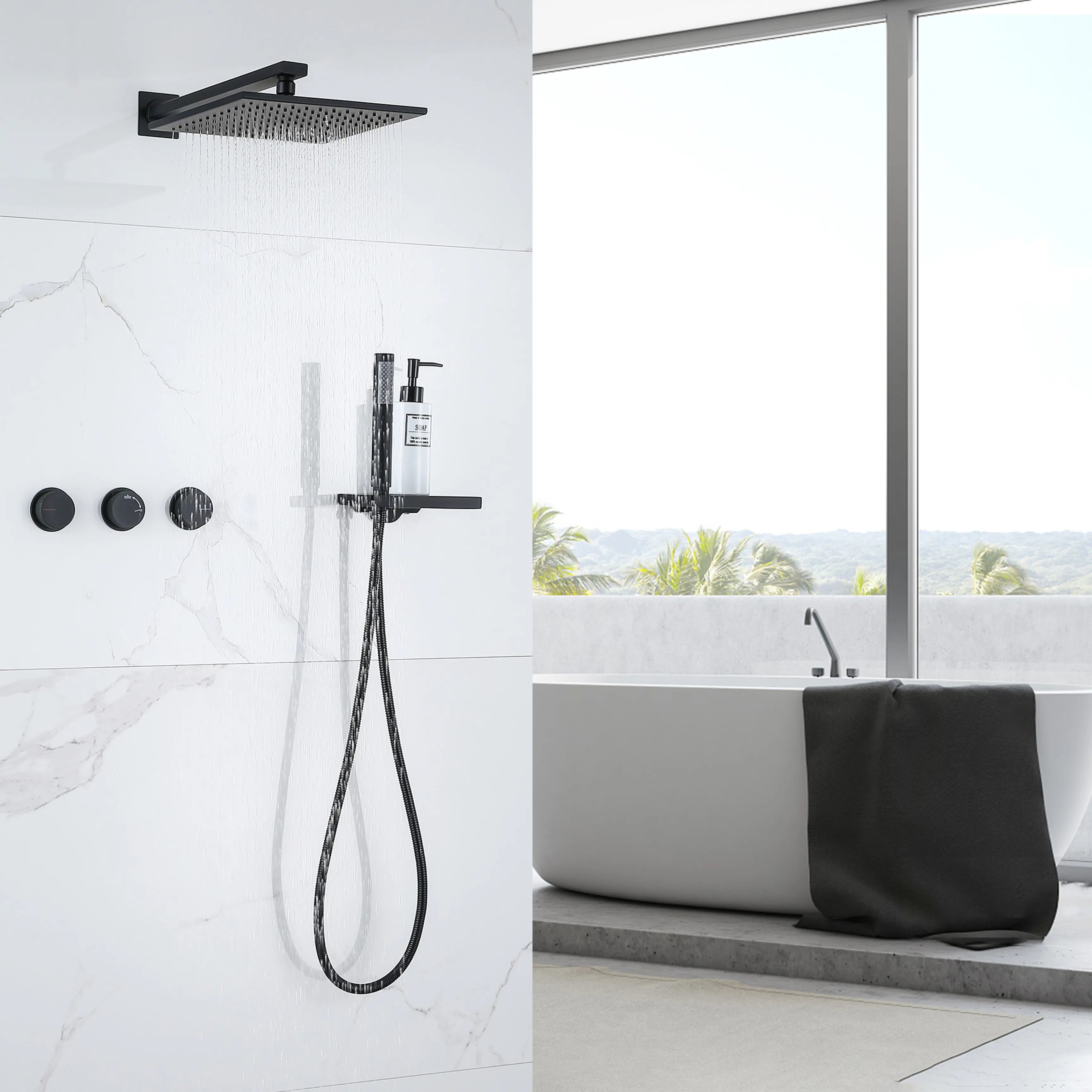 Matte Black Bathroom Shower System With Rain Shower Head And Handheld Shower Head