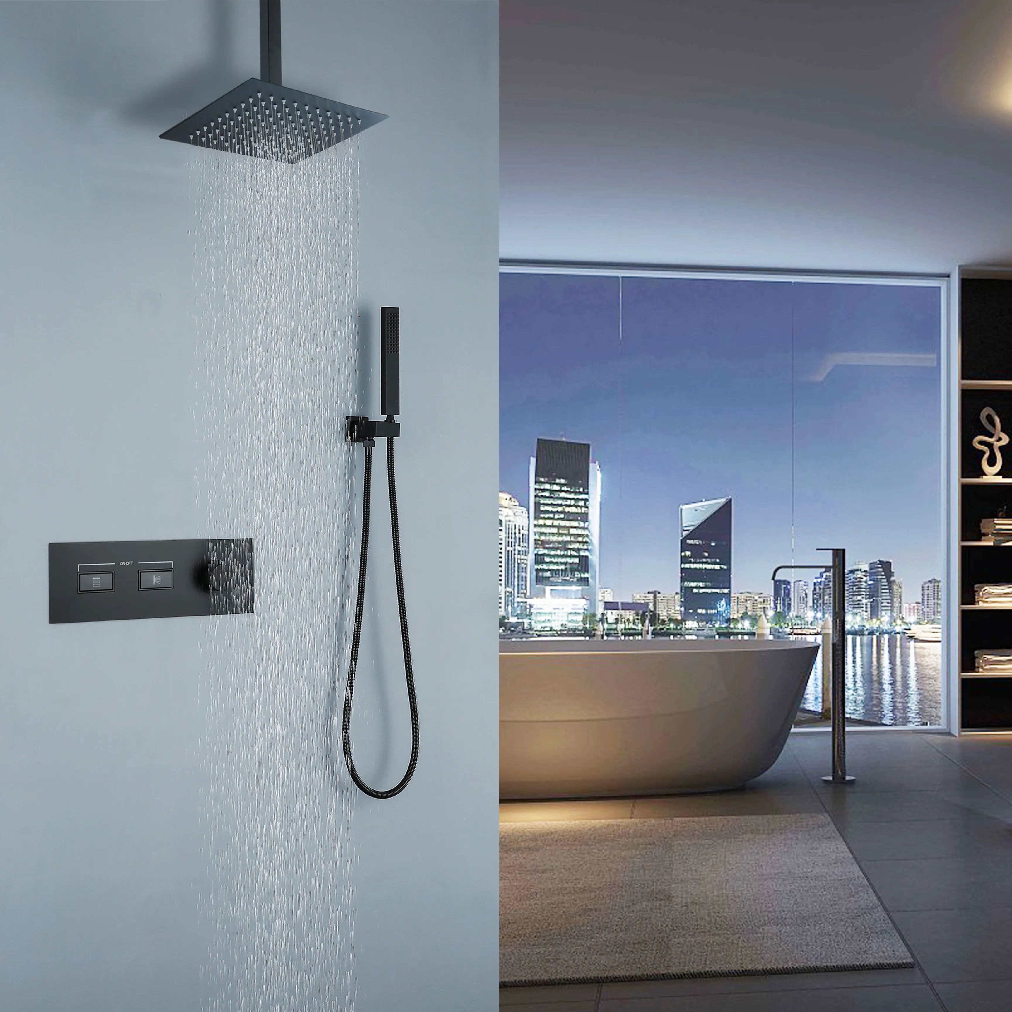 Matte Black Thermostatic Shower System With Rain Shower Head And Handheld Shower Head