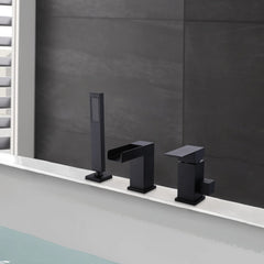 Deck Mounted Matte Black Bathtub Faucet With Waterfall Tub Filler And Hand Shower