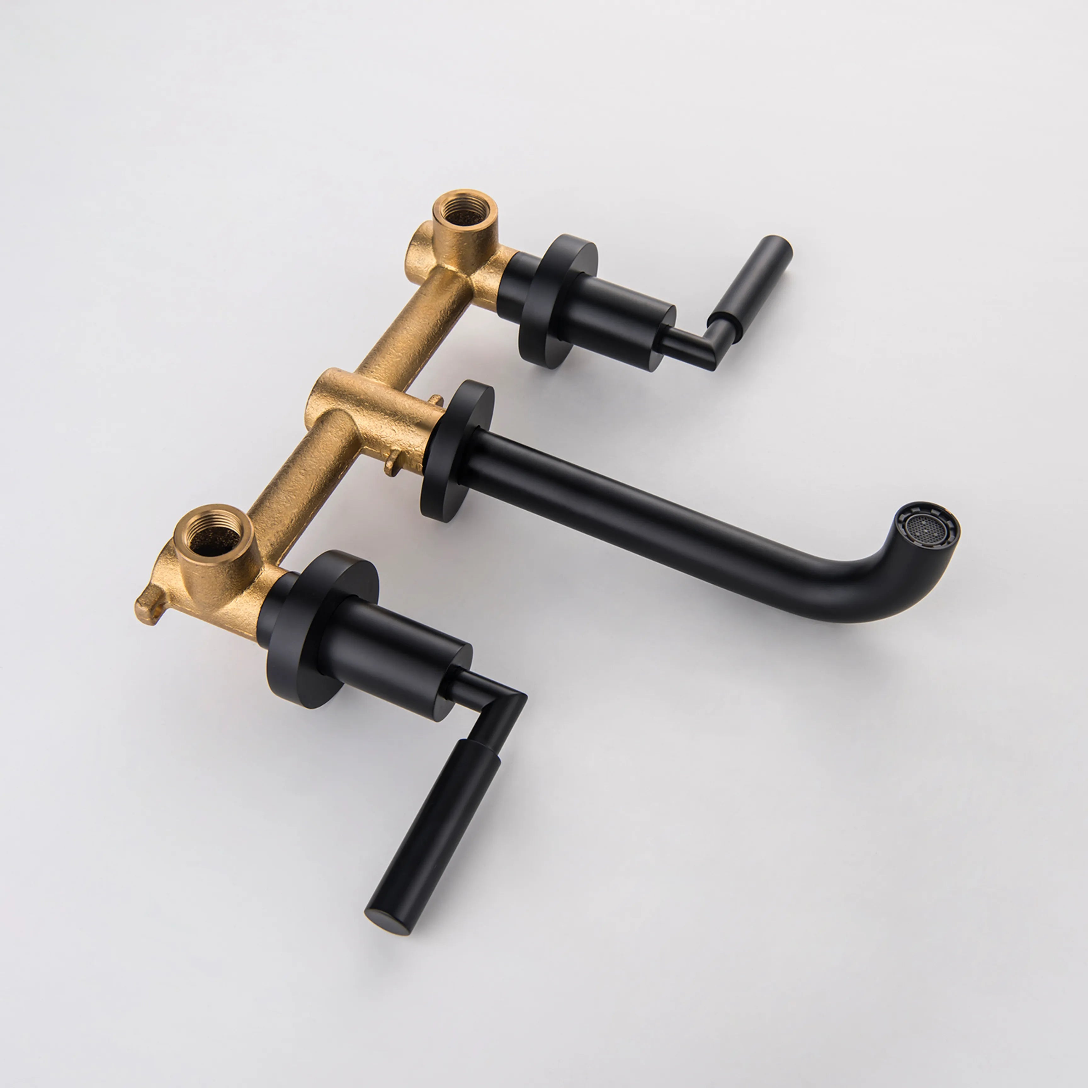 2-Handle Wall Mounted Bathroom Faucet In Matte Black Brushed Gold