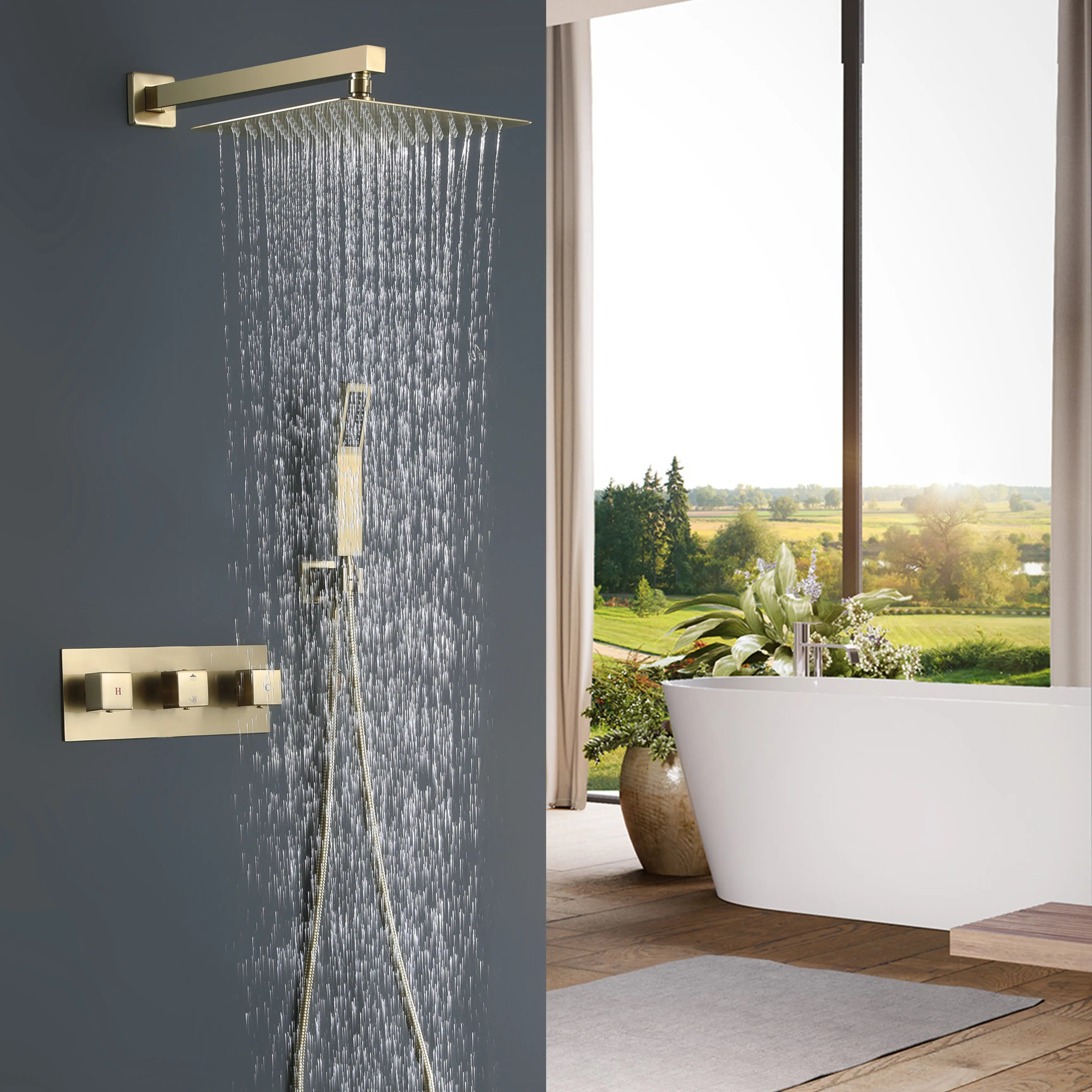 Brushed Gold Shower System With Handheld Shower Head And Rainfall Shower Head