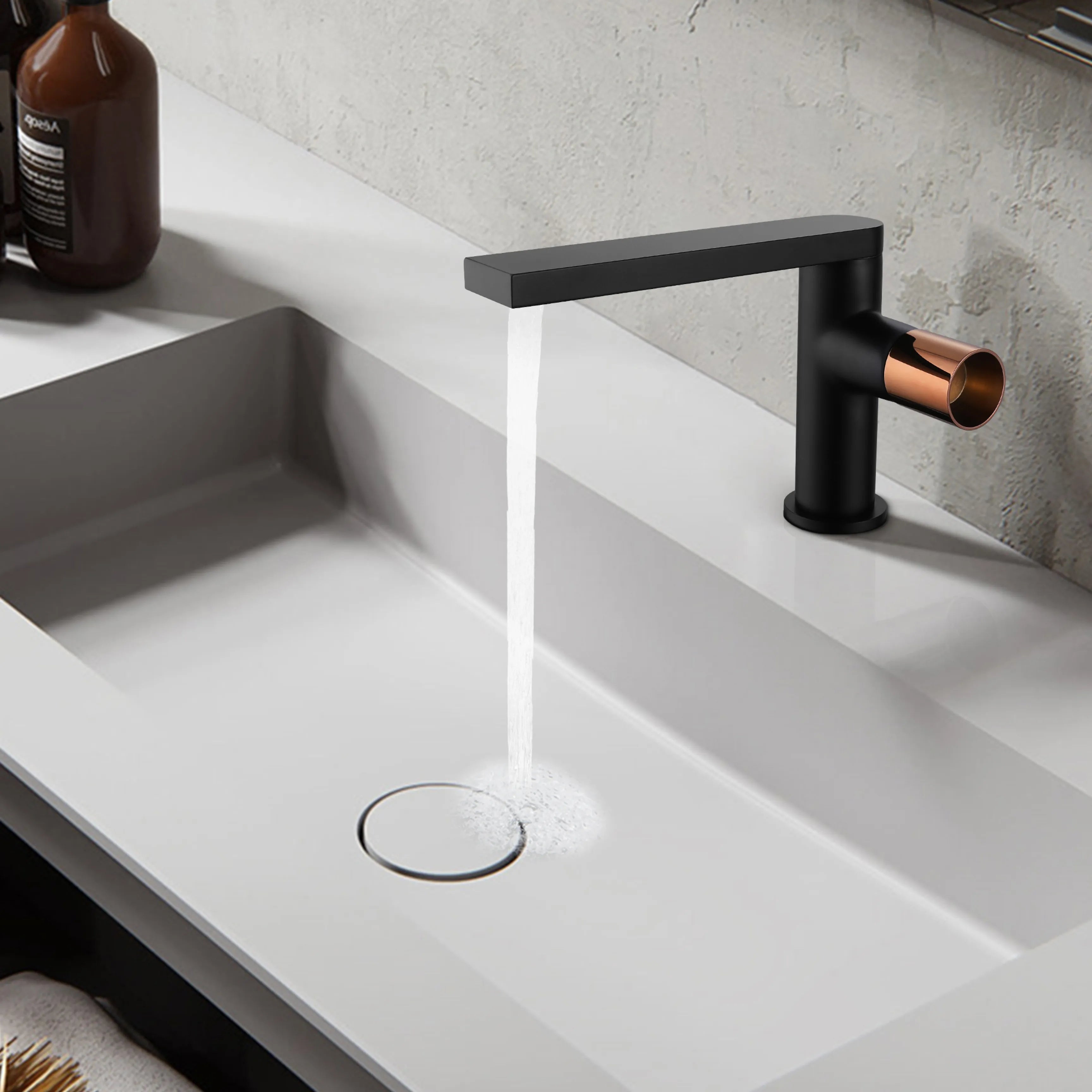 Modern Matte Black Bathroom Sink Faucet With Rose Gold Knob