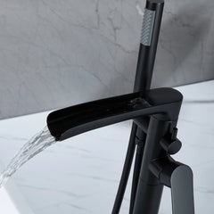 Matte Black Floor Mount Bathtub Faucet With Waterfall Swivel Bathtub Filler   Handheld Shower-RB1078