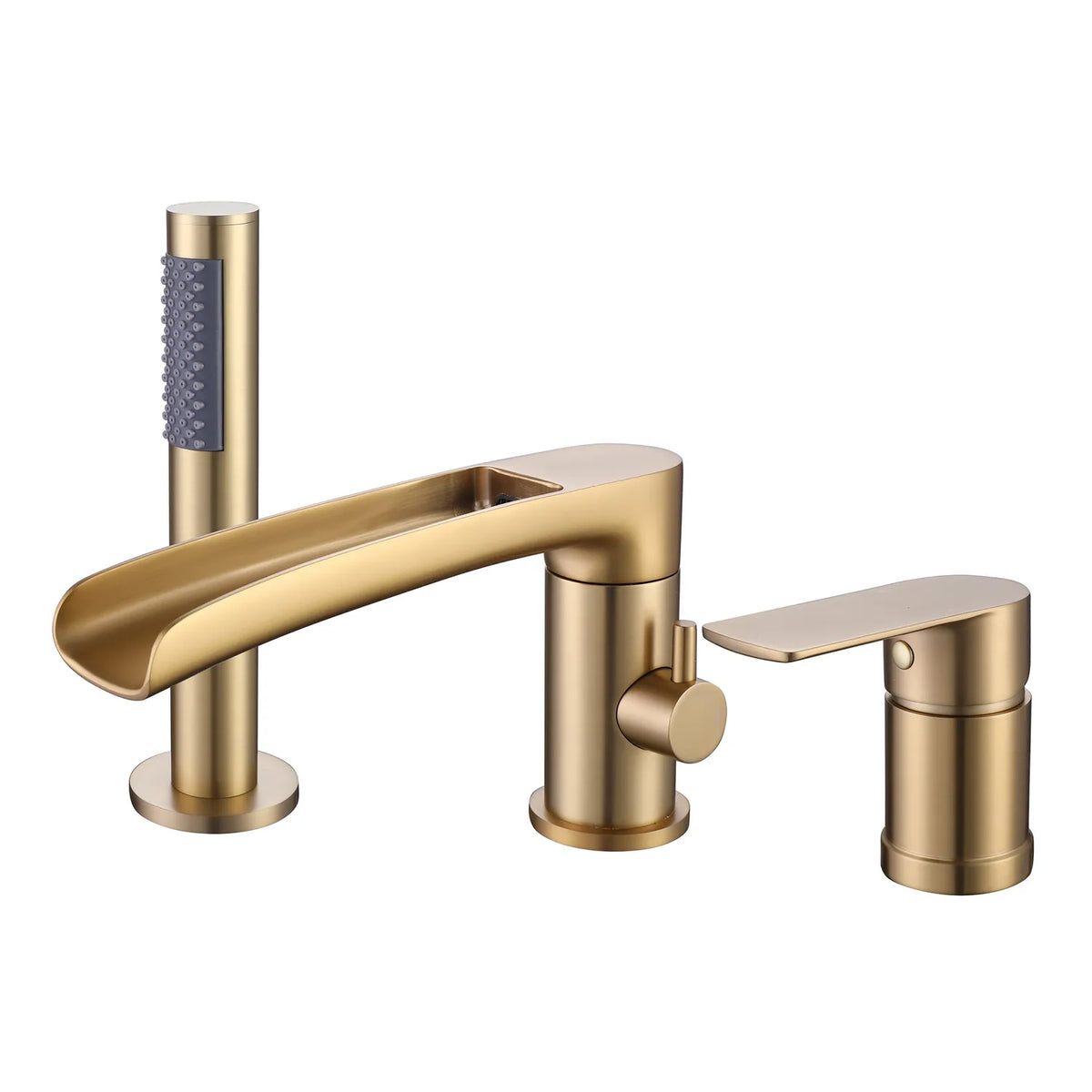 Deck Mounted Brushed Gold Bathtub Faucet With Waterfall Tub Filler And Hand Shower