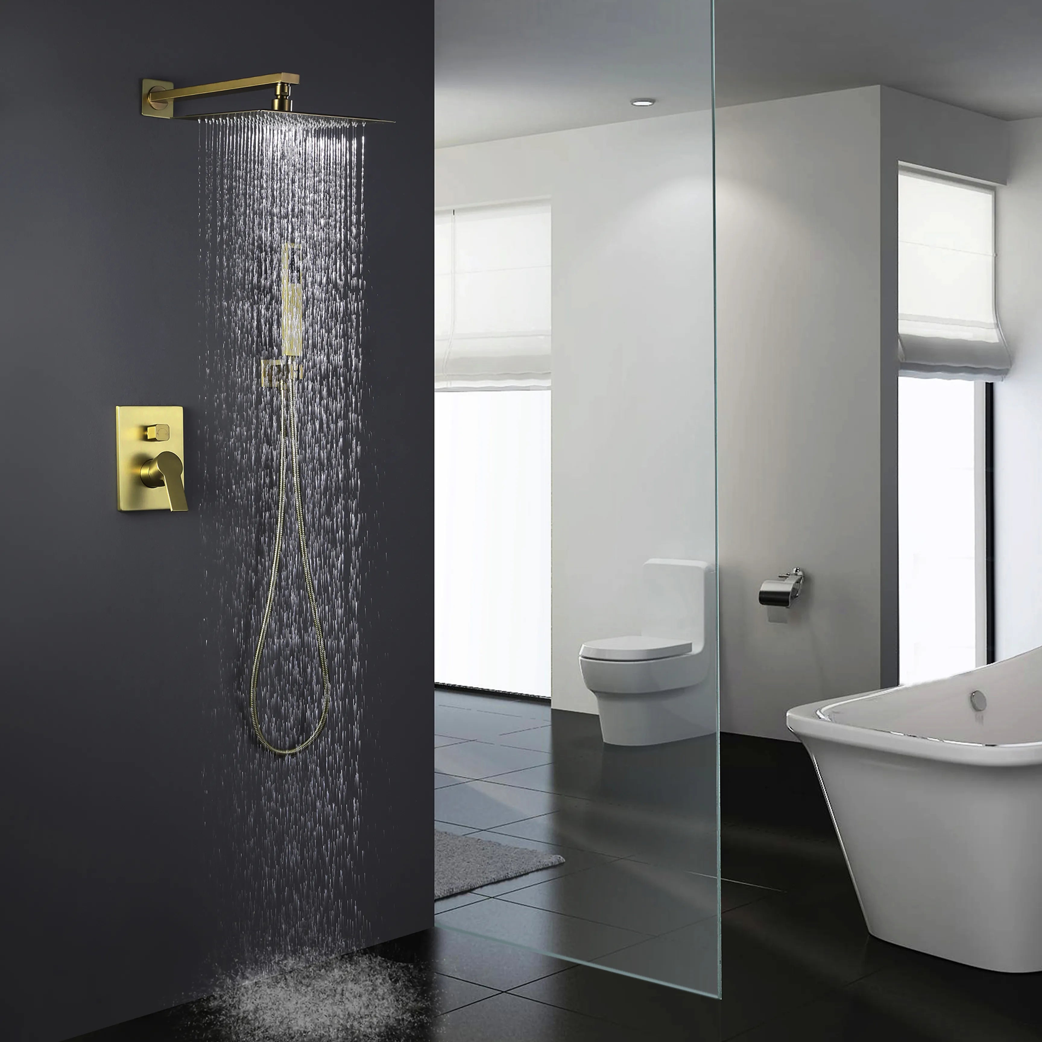 Brushed Gold Shower Set With Rain Shower Head, Handheld Shower Head And Pressure Balance Valve