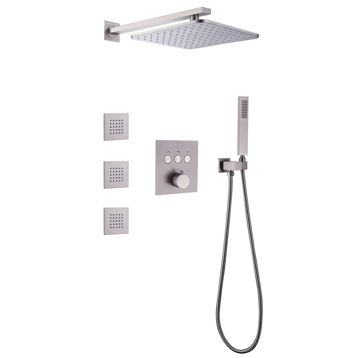 Thermostatic Shower System With Rain Shower Head,Handheld Shower Head And 3 Body Jets Brushed Nickel Brushed Gold