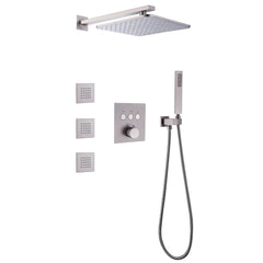 Thermostatic Shower System With Rain Shower Head,Handheld Shower Head And 3 Body Jets Brushed Nickel Brushed Gold