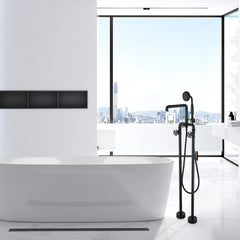 Matte Black Floor Mounted Bathtub Faucet With Hand Shower And Tub Spout