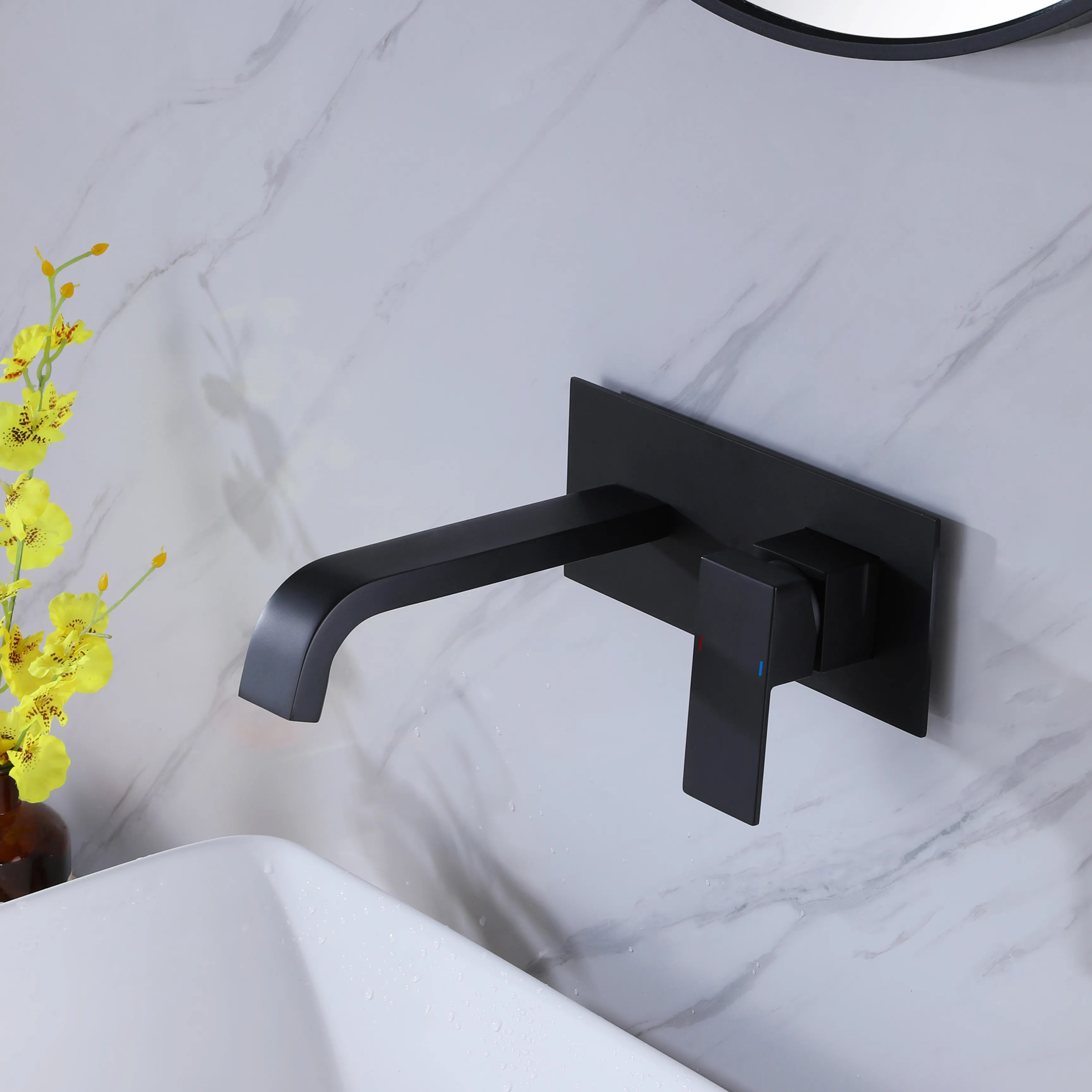 Single Handle Wall Mount Bathroom Faucet In Matte Black (With Deck Plate)