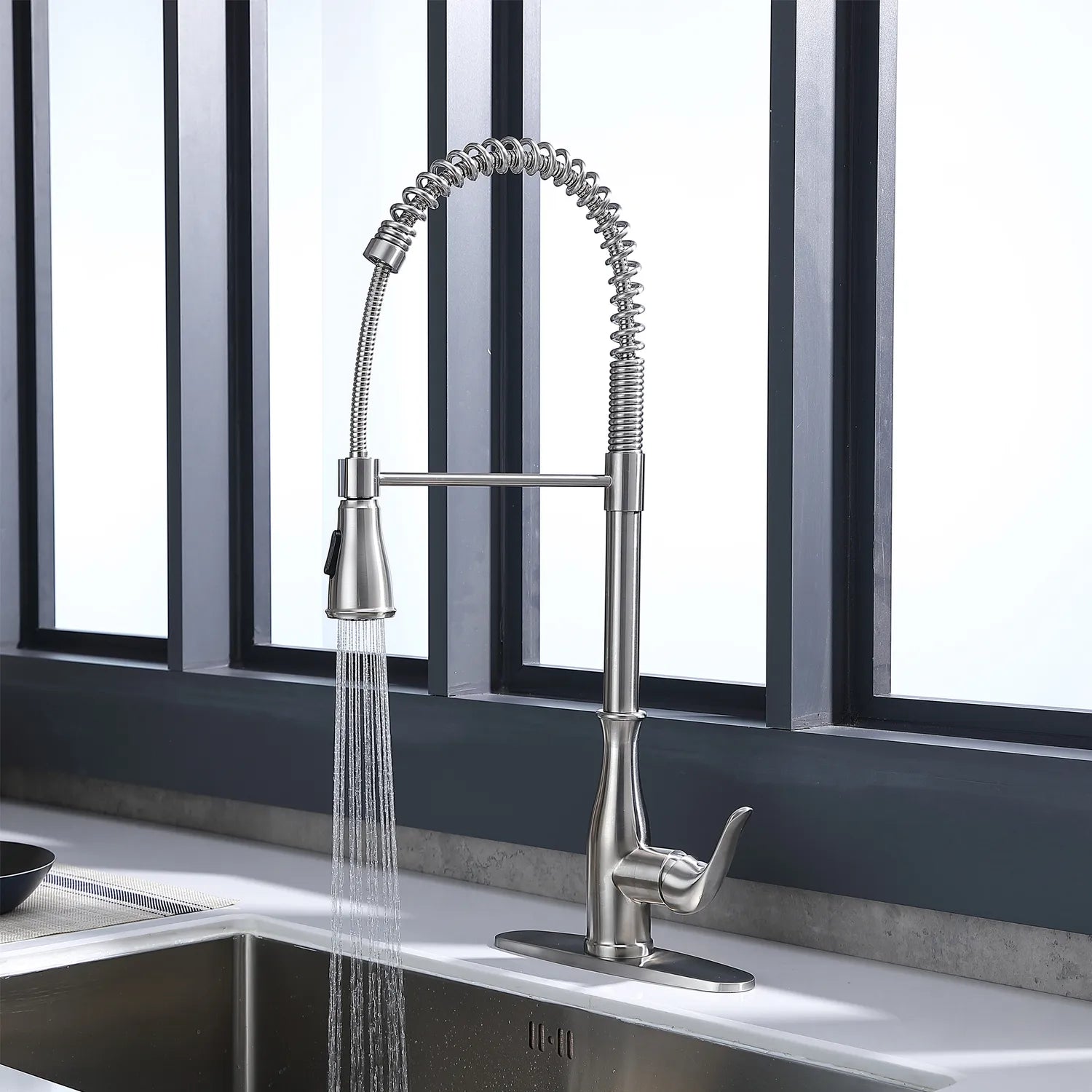 Pull Down High Arc Kitchen Faucet In Brushed Nickel