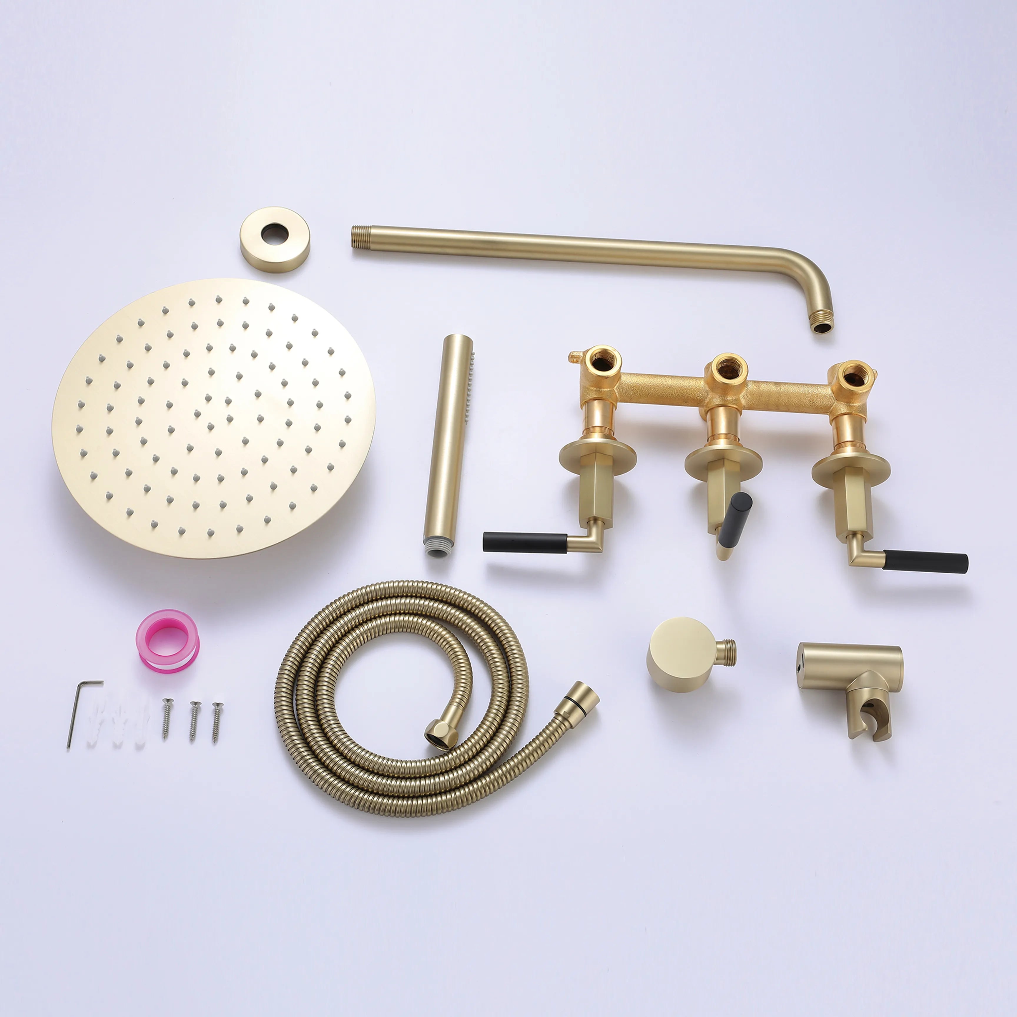 Three Handle 2-Function Matte Black Brushedn Gold Bathroom Shower Set With Ceramic Valve