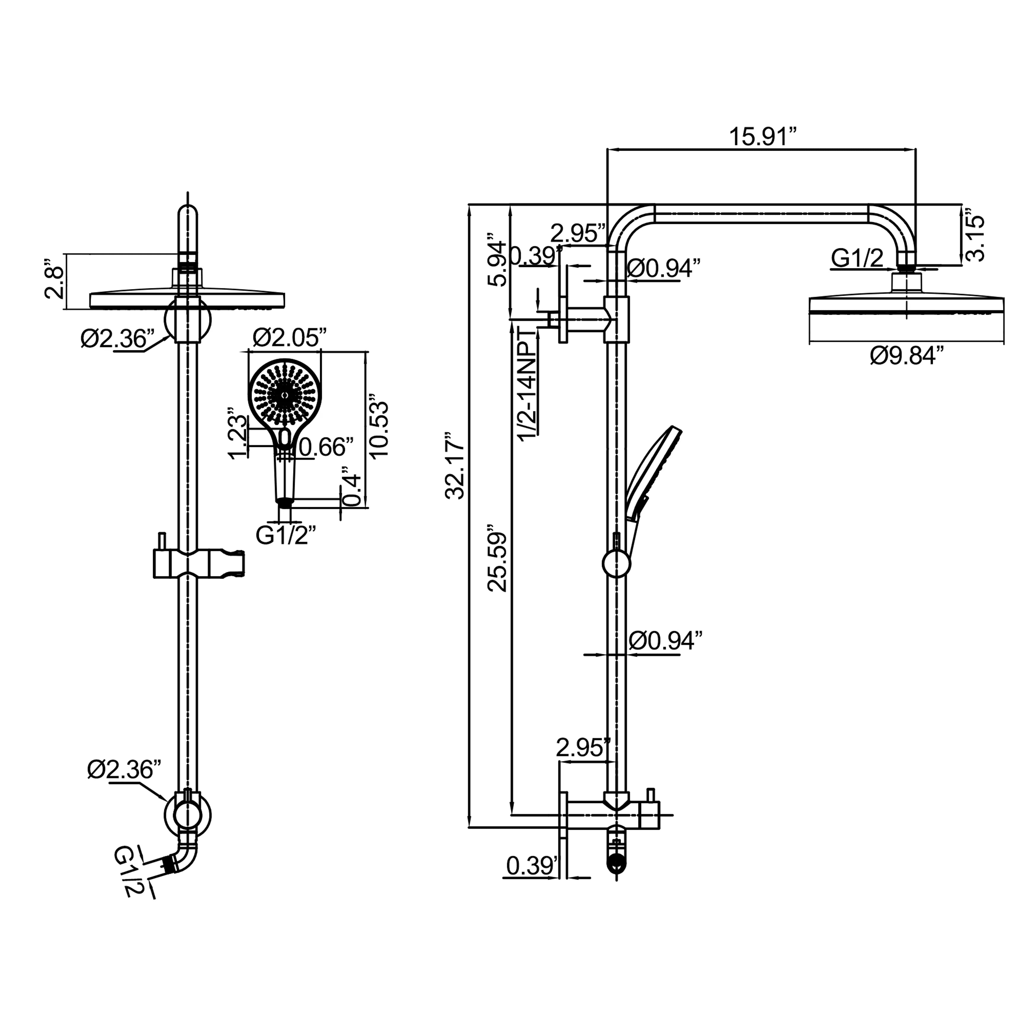 10" Rainfall Bathroom Shower Head  3-Function Handheld Shower Head With Slide Bar (Main Body Not Included)