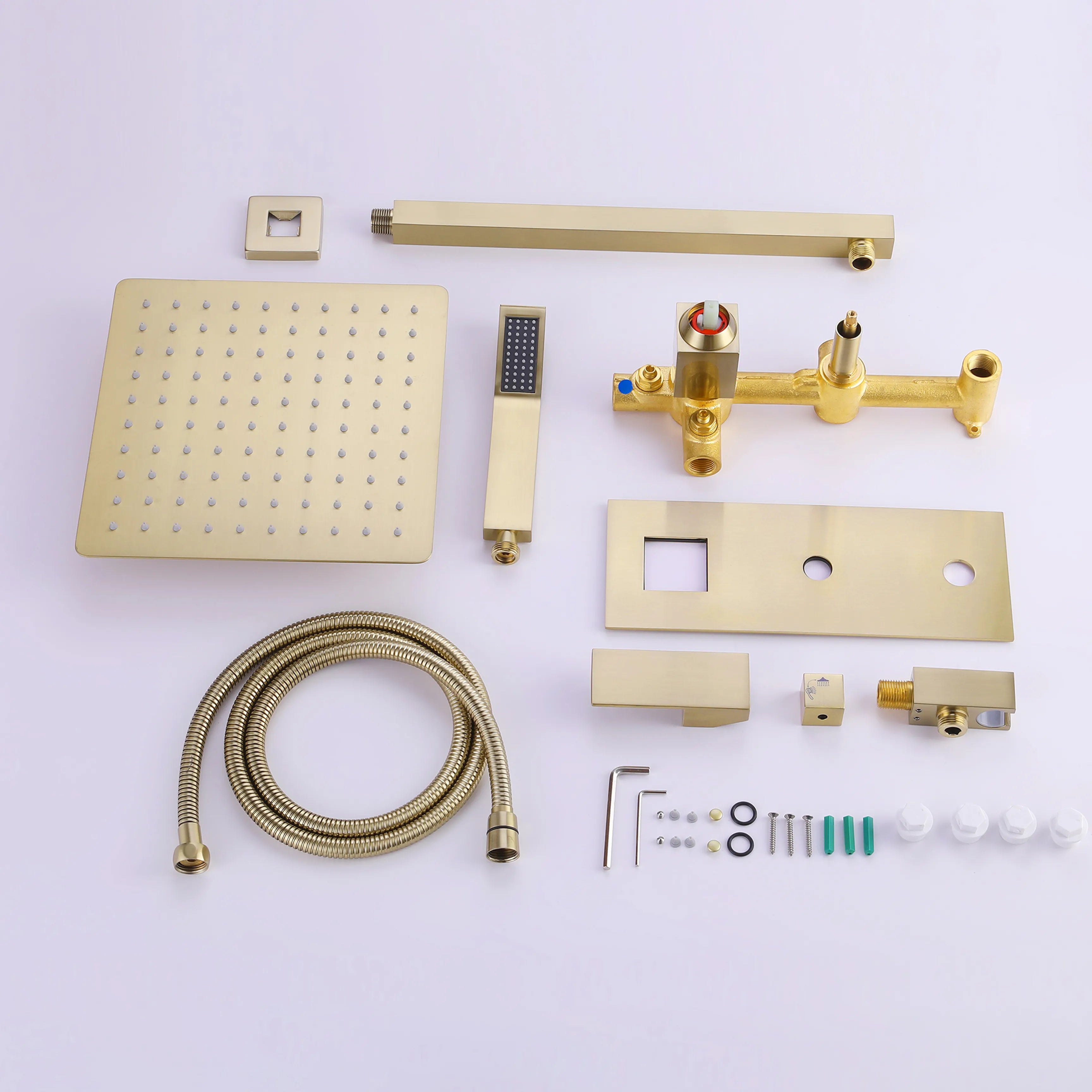 Luxury Brushed Gold Rain Shower System With Pressure Balance Valve, 10" Rain Shower Head And Handheld Shower Head