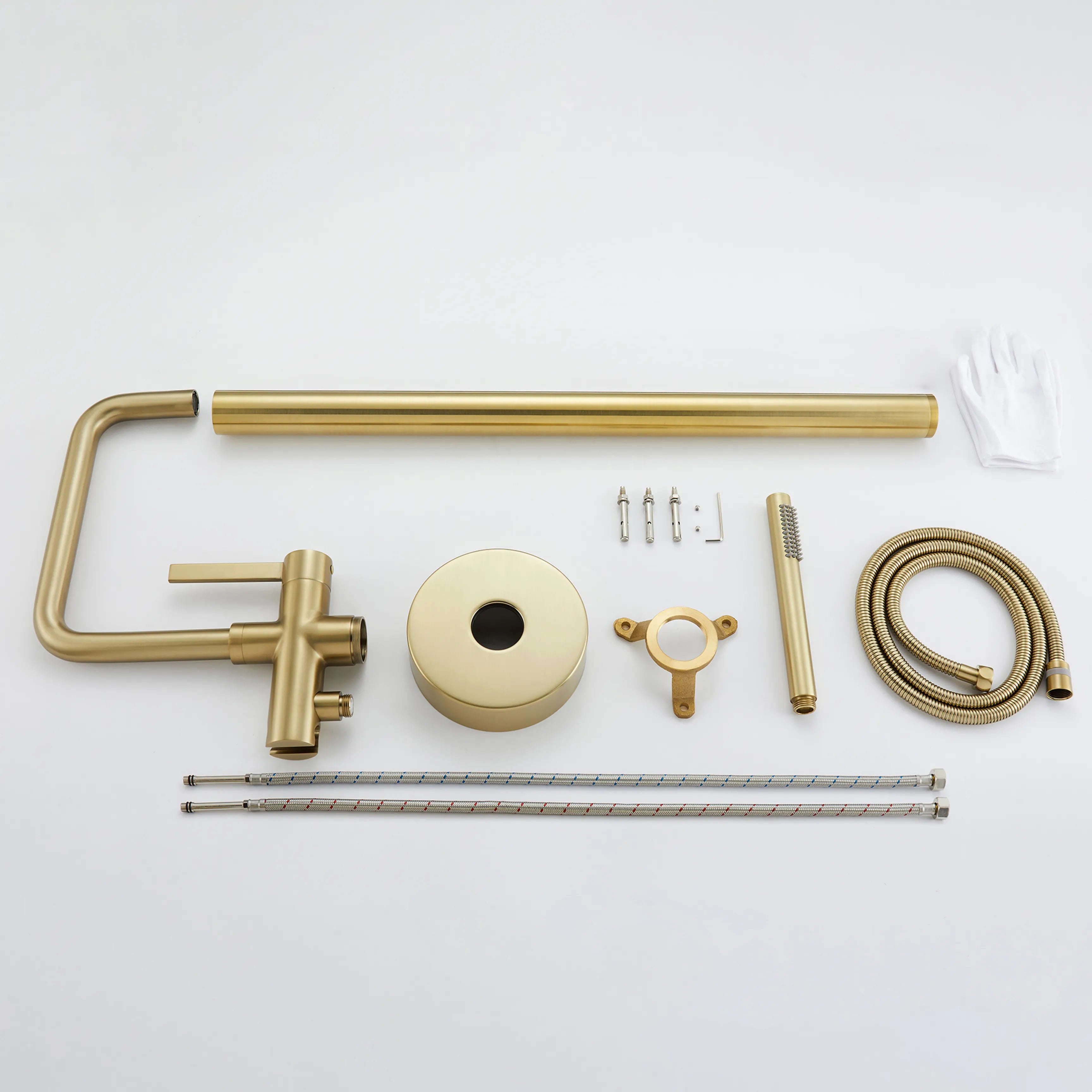 Floor Mounted Brushed Gold Bathtub Faucet With Tub Filler And Handheld Shower