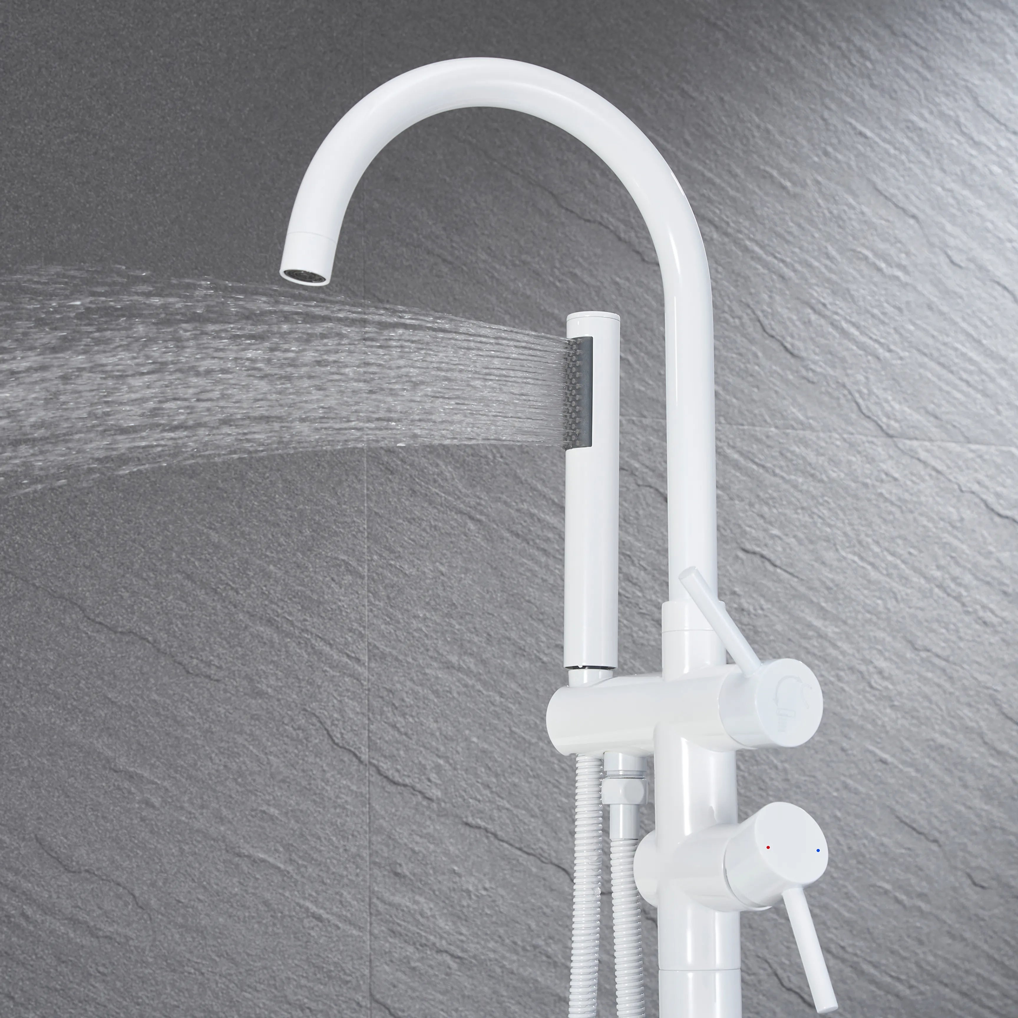 White Floor Mounted Bathtub Faucet With Tub Filler And Handheld Shower