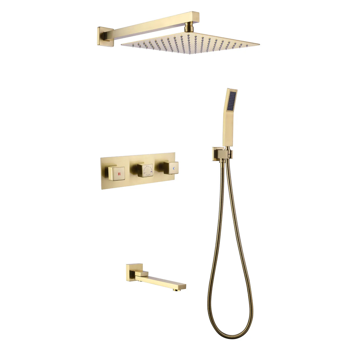 3-Function Brushed Gold Wall Mount Shower Set With Bathtub Tap