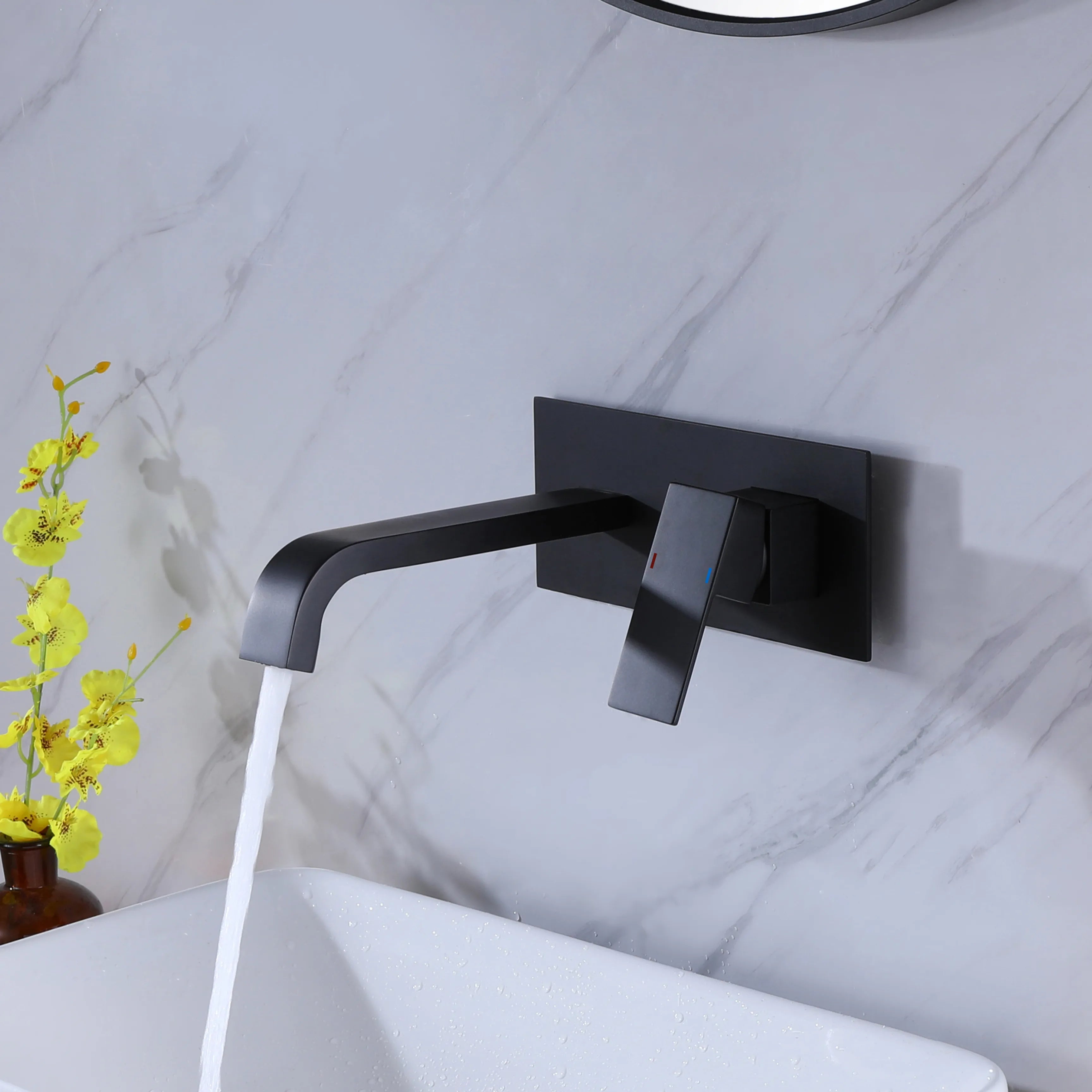 Single Handle Wall Mount Bathroom Faucet In Matte Black (With Deck Plate)