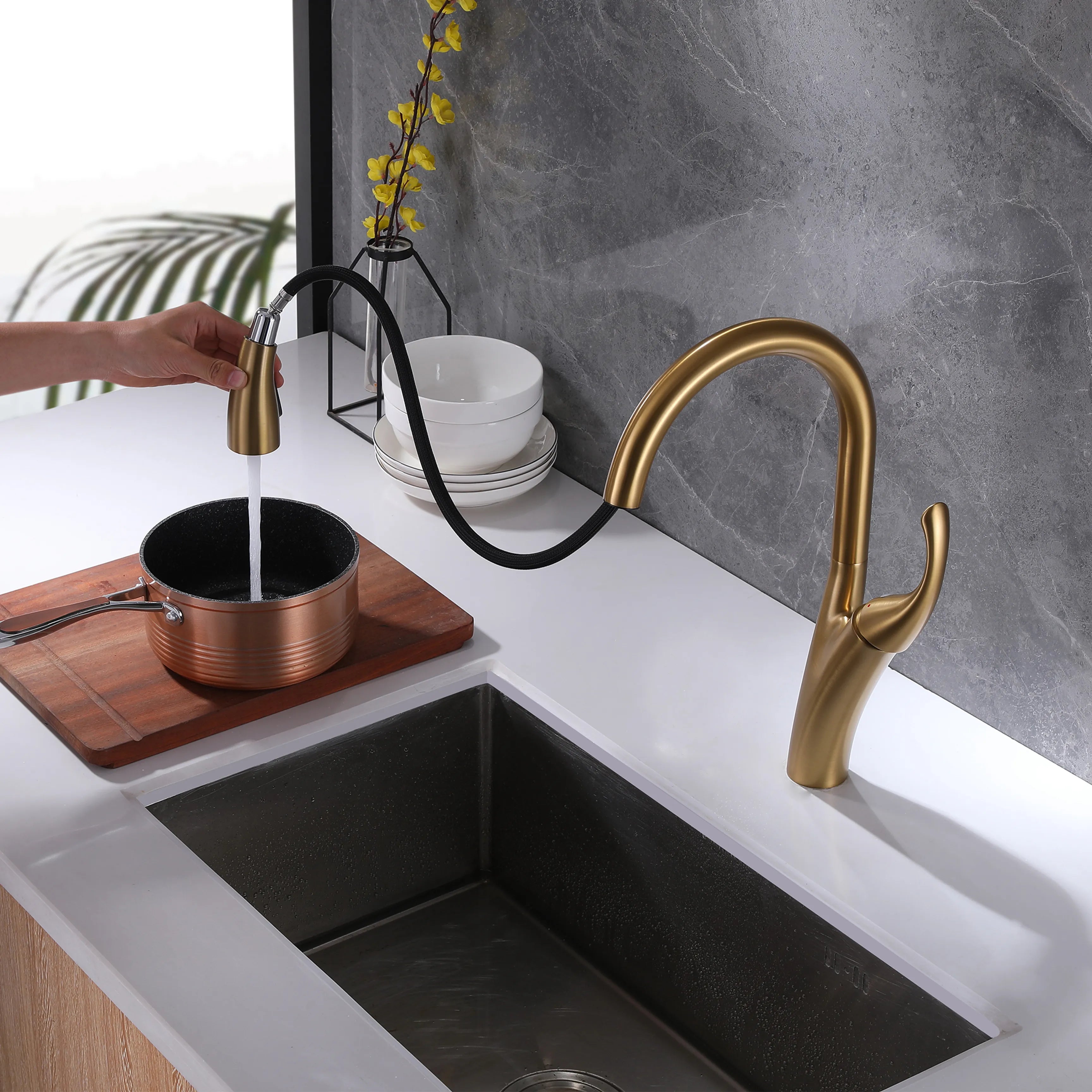 Single Hole Pull Down Kitchen Sink Faucet In Brushed Gold