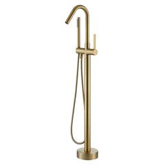 Brushed Gold Floor Mounted Bathtub Faucet With Tub Filler And Handheld Shower