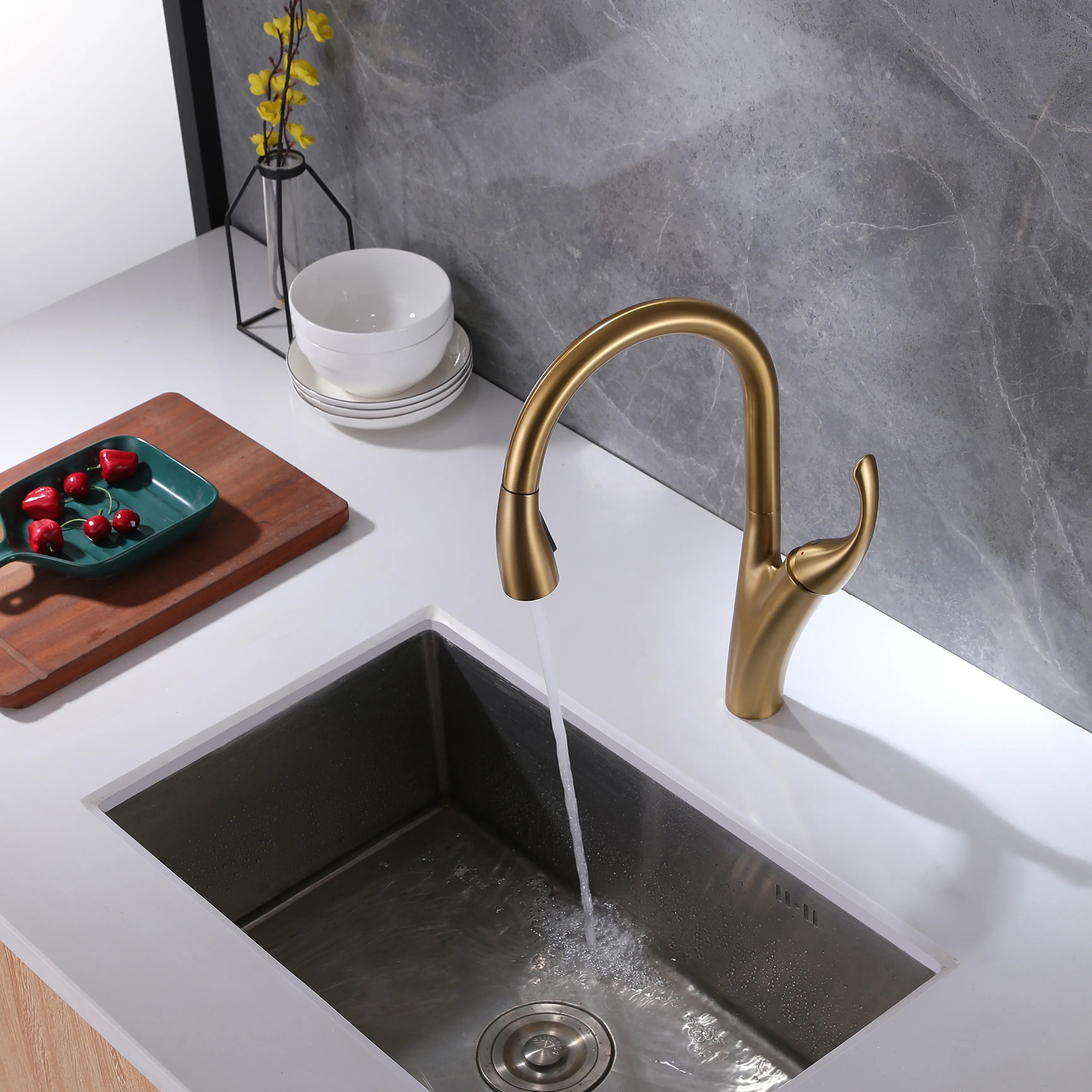 Single Hole Pull Down Kitchen Sink Faucet In Brushed Gold