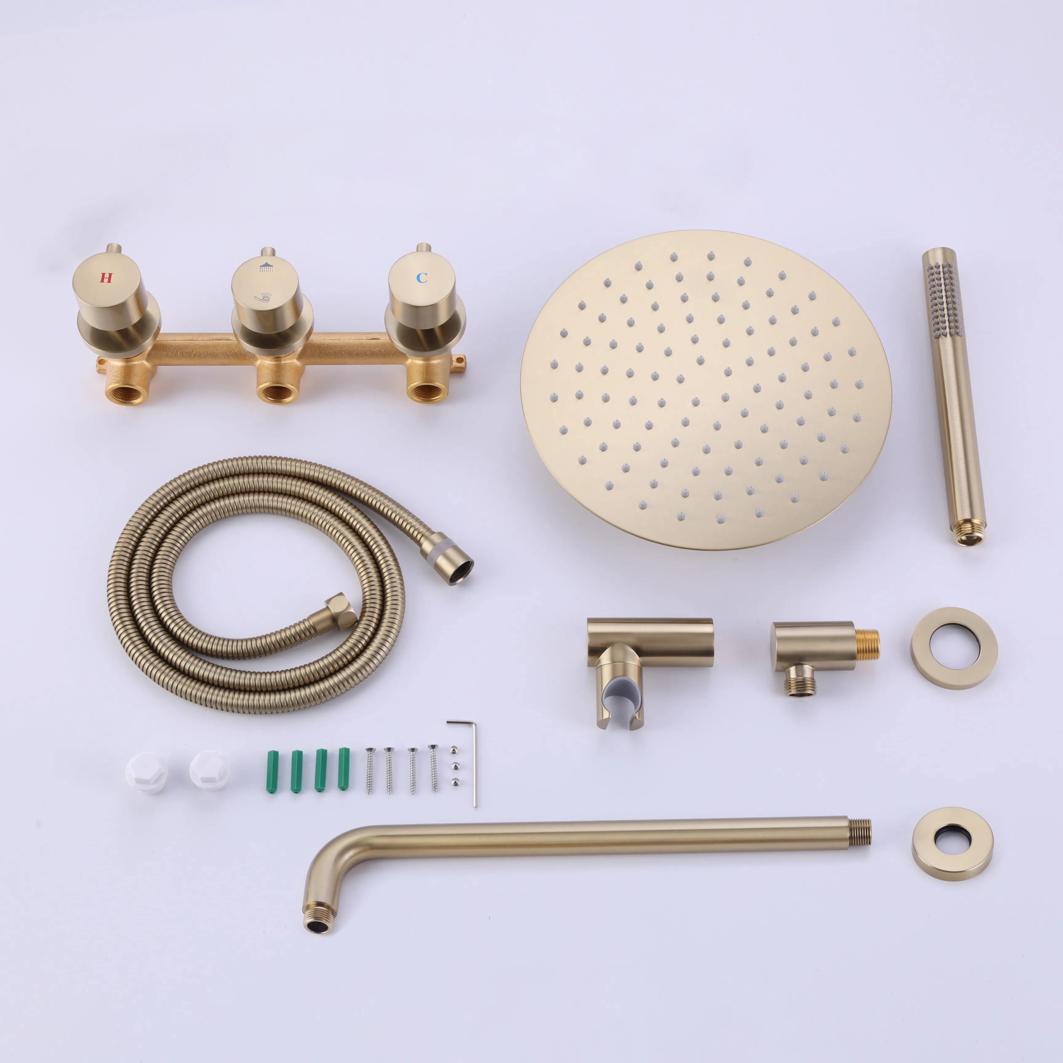 Brushed Gold Shower Set With Handheld Shower ,Rain Shower Head And Ceramic Valve