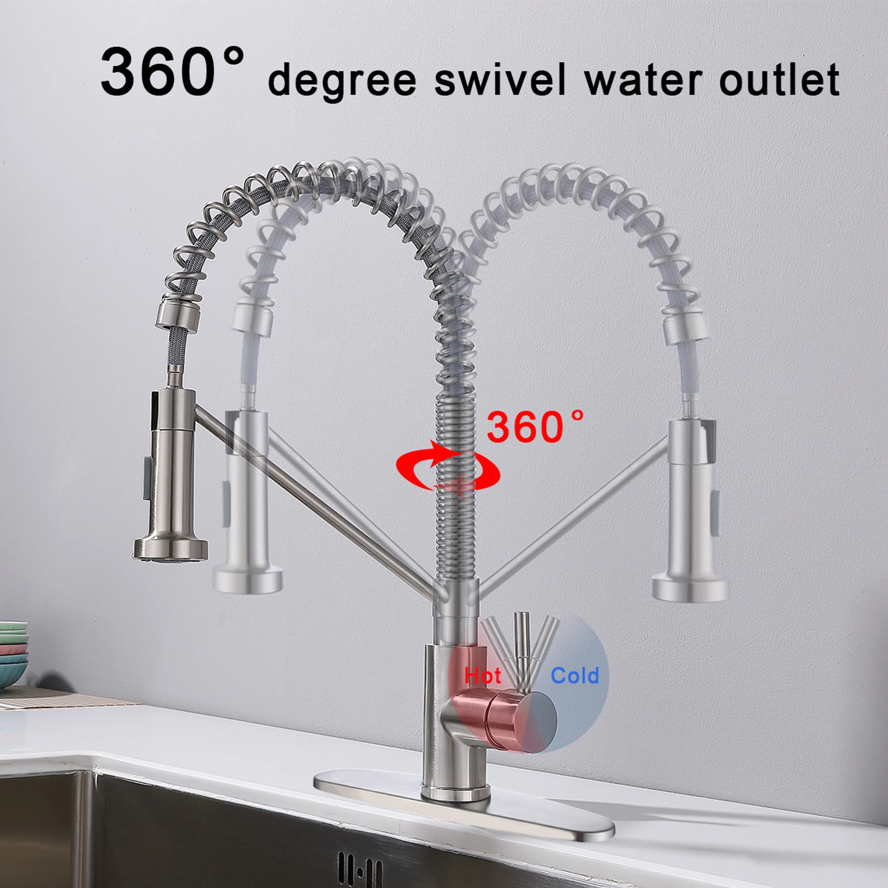 Brushed Nickel Pull Down Single Handle 360 Degree Rotation Kitchen Faucet