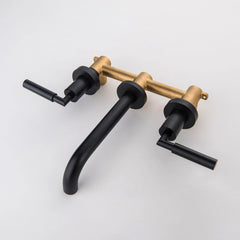 2-Handle Wall Mounted Bathroom Faucet In Matte Black Brushed Gold