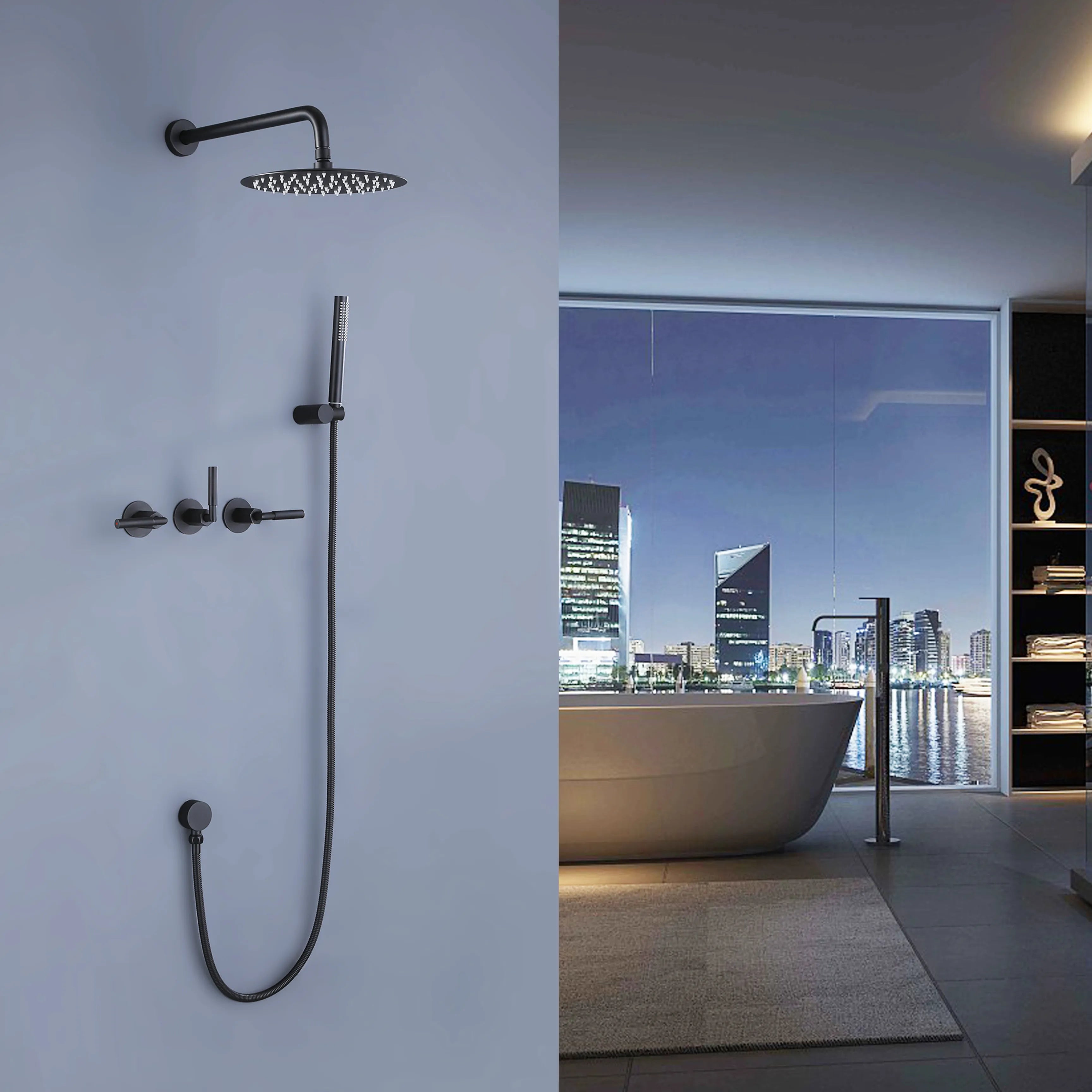 Three Handle 2-Function Matte Black Brushedn Gold Bathroom Shower Set With Ceramic Valve